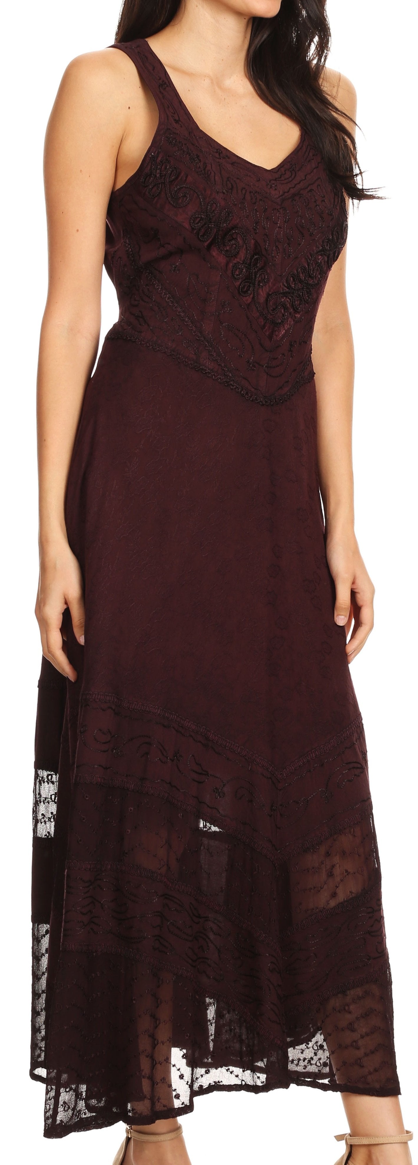 Sakkas Zendaya Stonewashed Rayon Embroidered Floral Vine Sleeveless V-neck Dress - Concordia Style Boutique