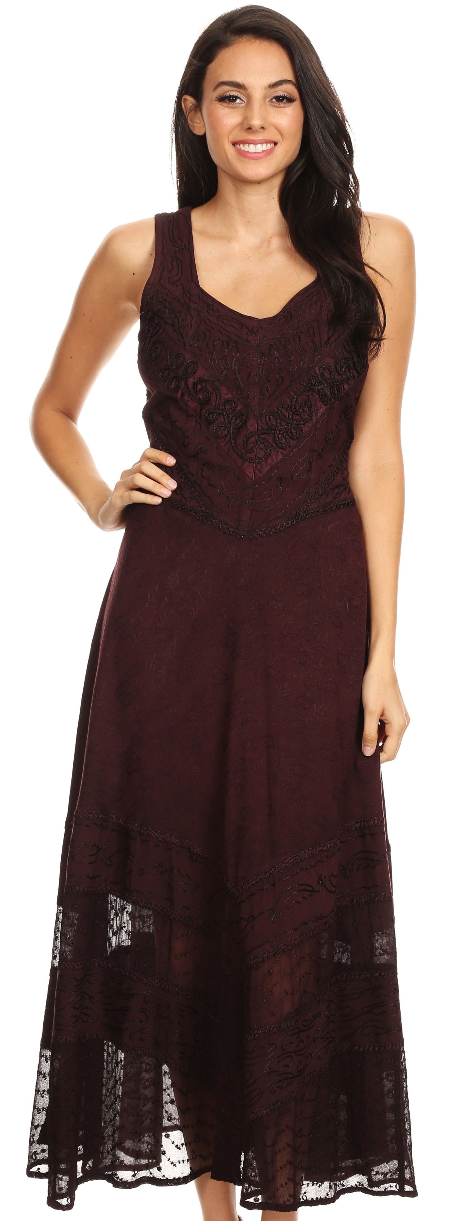 Sakkas Zendaya Stonewashed Rayon Embroidered Floral Vine Sleeveless V-neck Dress - Concordia Style Boutique