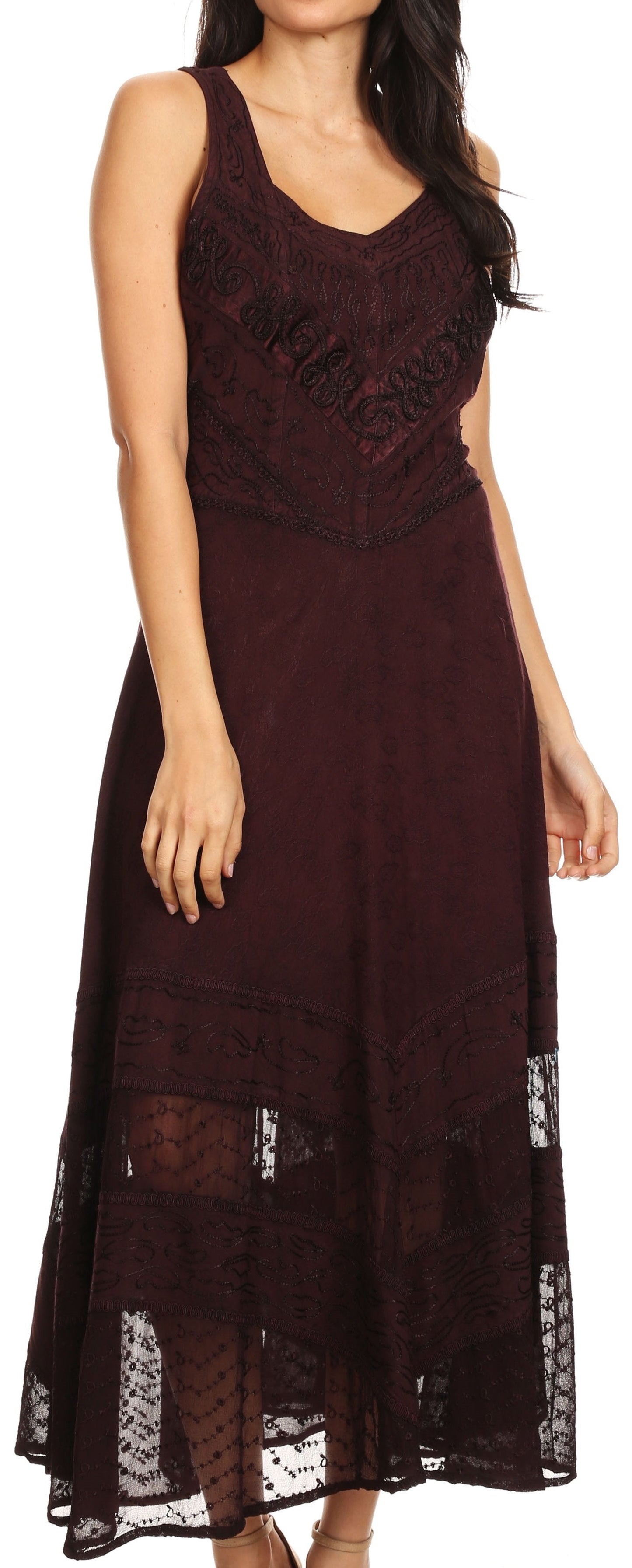 Sakkas Zendaya Stonewashed Rayon Embroidered Floral Vine Sleeveless V-neck Dress - Concordia Style Boutique