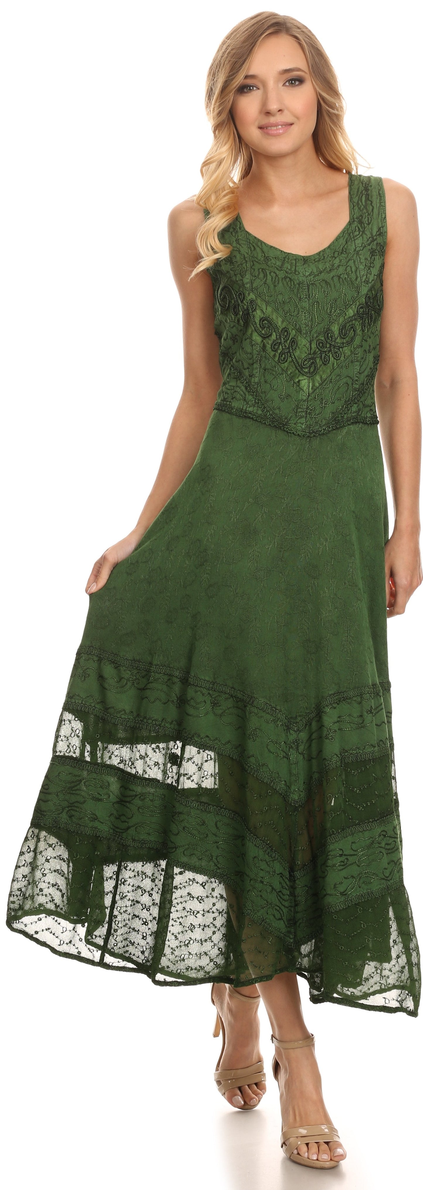 Sakkas Zendaya Stonewashed Rayon Embroidered Floral Vine Sleeveless V-neck Dress - Concordia Style Boutique