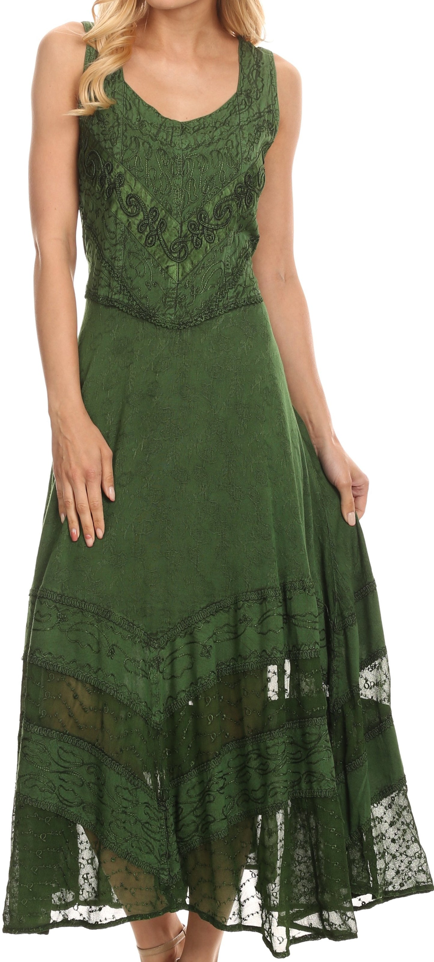 Sakkas Zendaya Stonewashed Rayon Embroidered Floral Vine Sleeveless V-neck Dress - Concordia Style Boutique