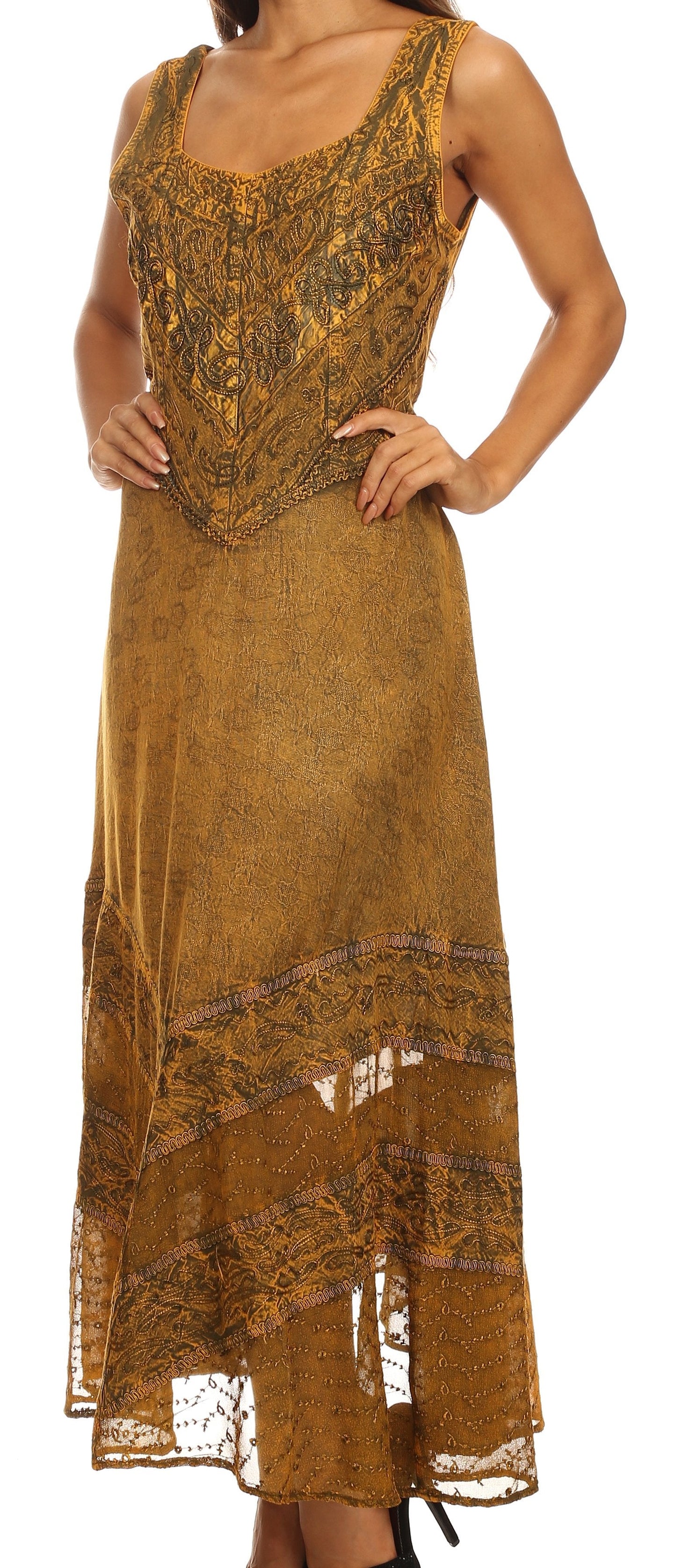 Sakkas Zendaya Stonewashed Rayon Embroidered Floral Vine Sleeveless V-neck Dress - Concordia Style Boutique