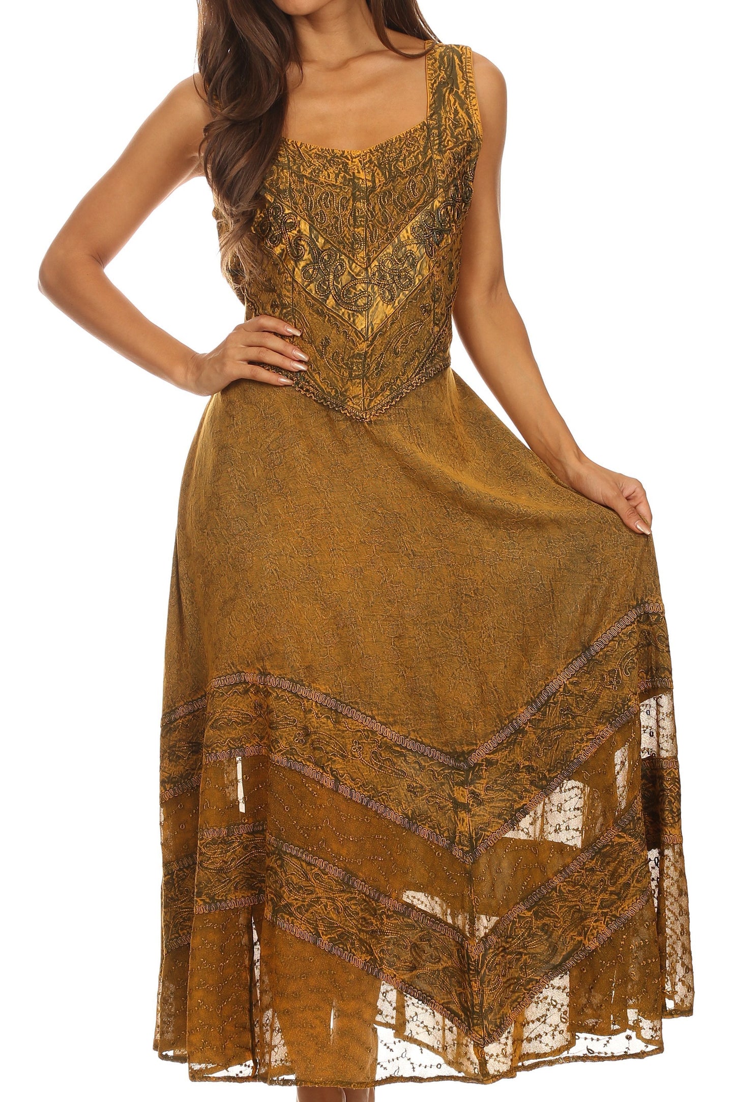Sakkas Zendaya Stonewashed Rayon Embroidered Floral Vine Sleeveless V-neck Dress - Concordia Style Boutique
