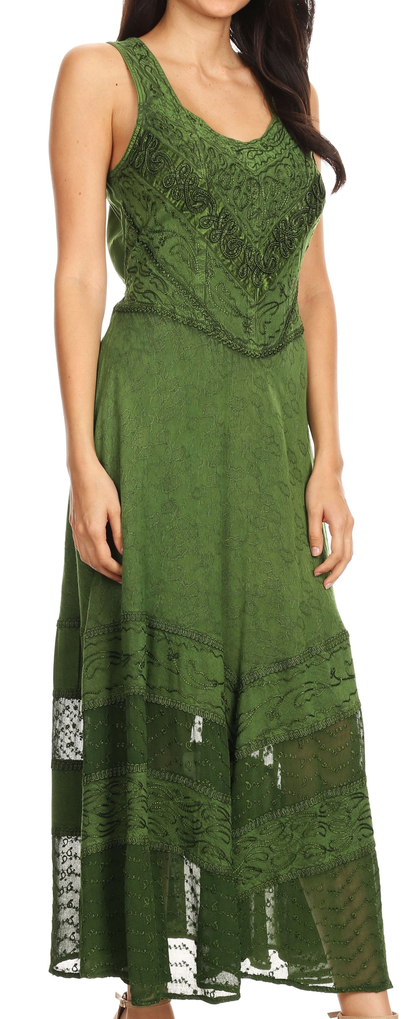 Sakkas Zendaya Stonewashed Rayon Embroidered Floral Vine Sleeveless V-neck Dress - Concordia Style Boutique