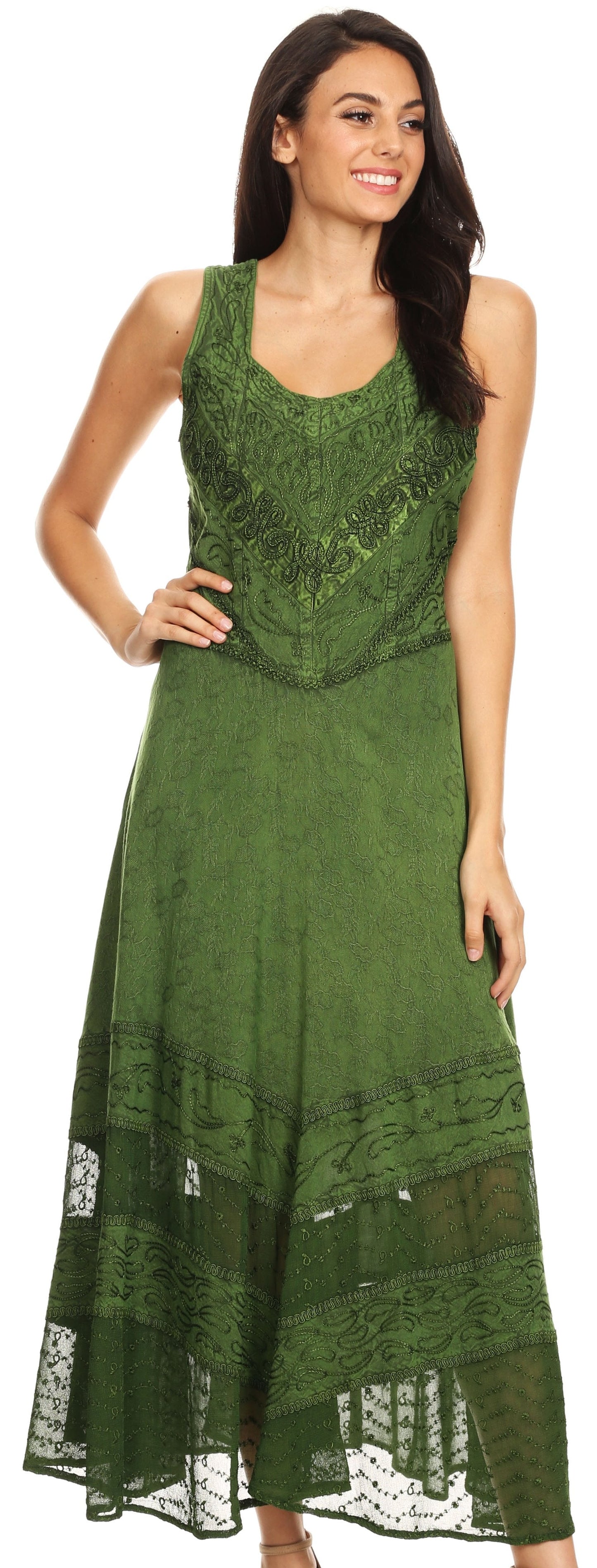 Sakkas Zendaya Stonewashed Rayon Embroidered Floral Vine Sleeveless V-neck Dress - Concordia Style Boutique