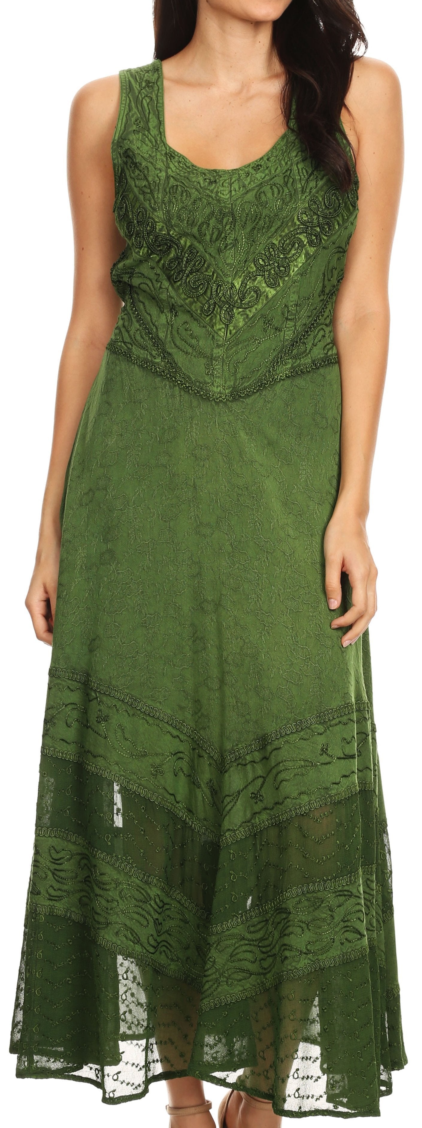 Sakkas Zendaya Stonewashed Rayon Embroidered Floral Vine Sleeveless V-neck Dress - Concordia Style Boutique