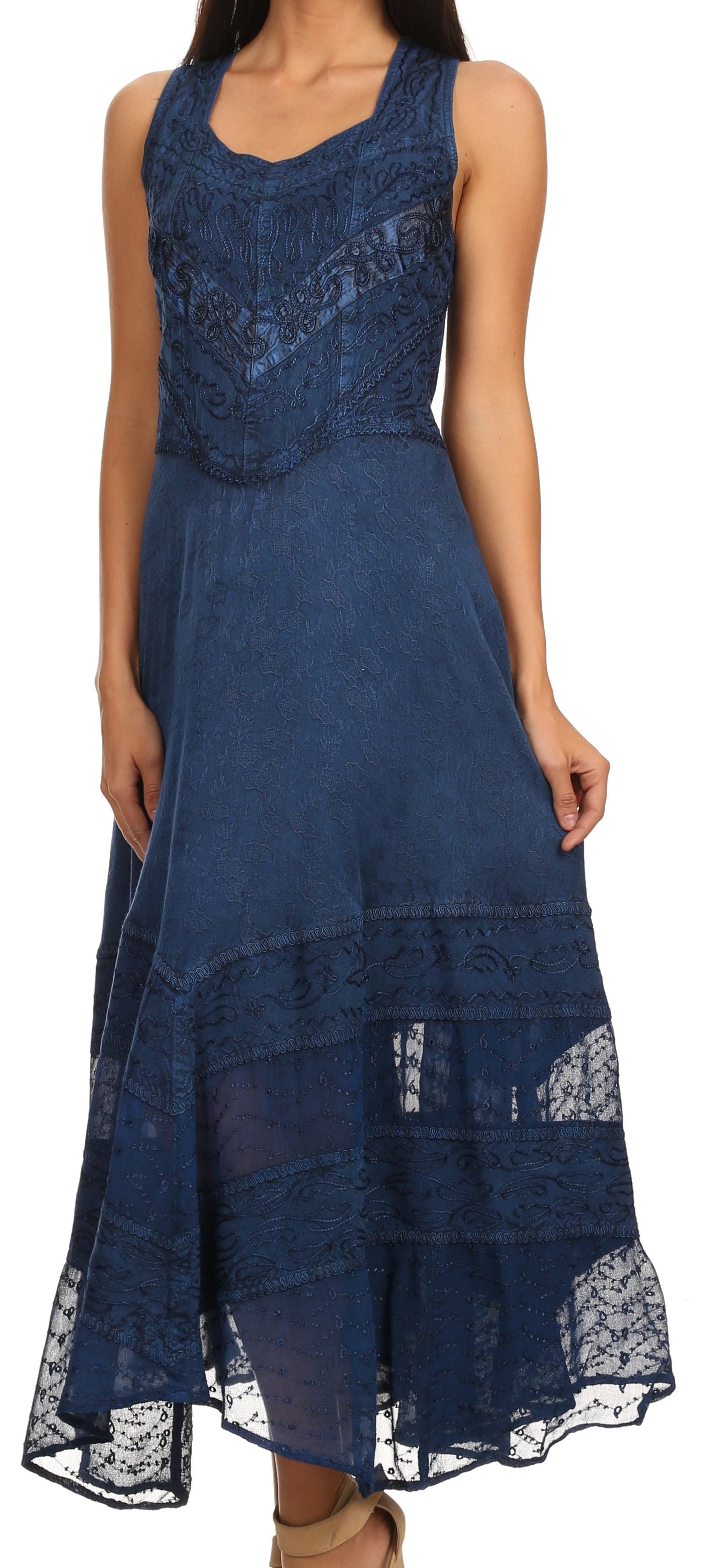 Sakkas Zendaya Stonewashed Rayon Embroidered Floral Vine Sleeveless V-neck Dress - Concordia Style Boutique