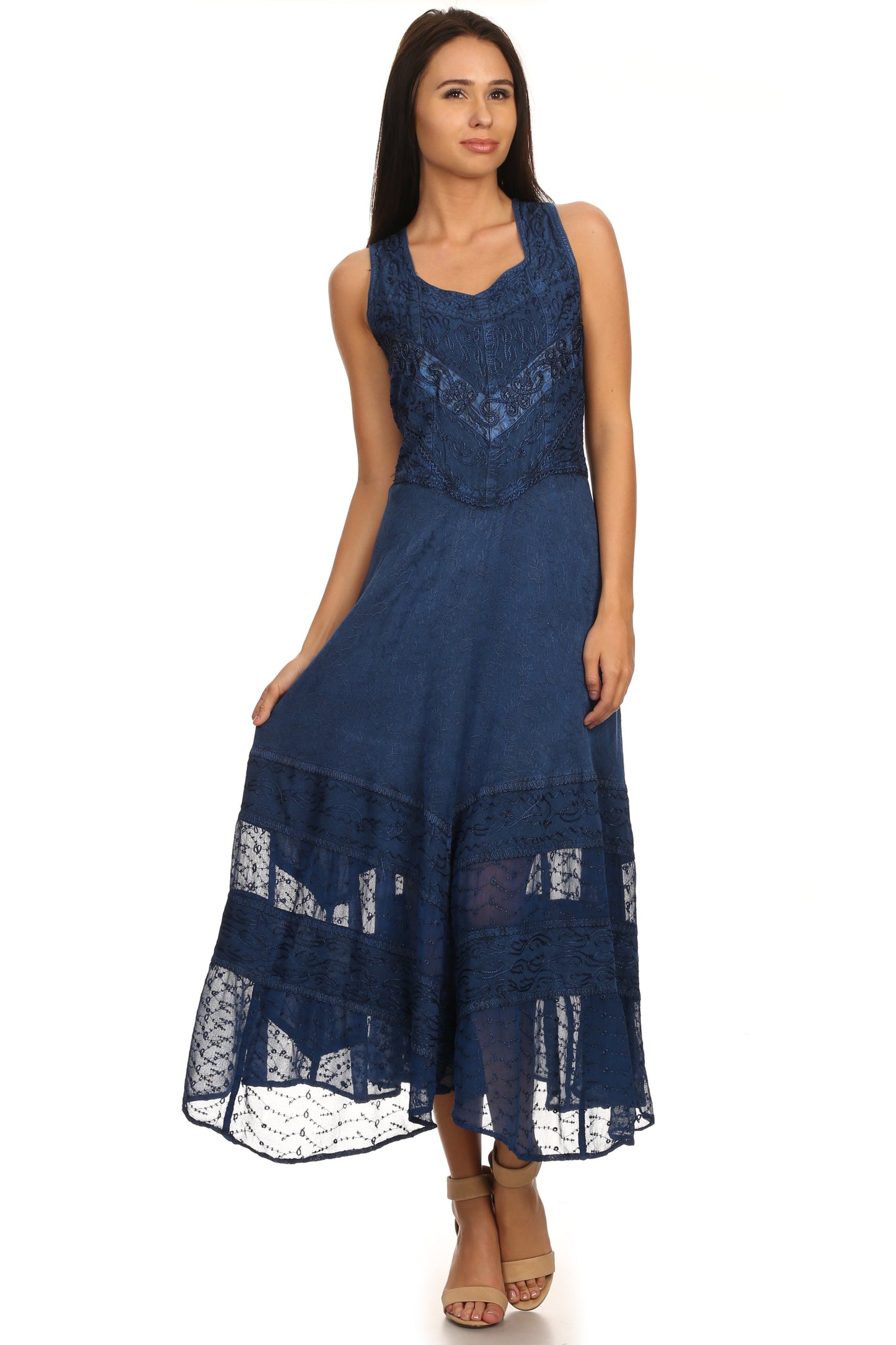 Sakkas Zendaya Stonewashed Rayon Embroidered Floral Vine Sleeveless V-neck Dress - Concordia Style Boutique