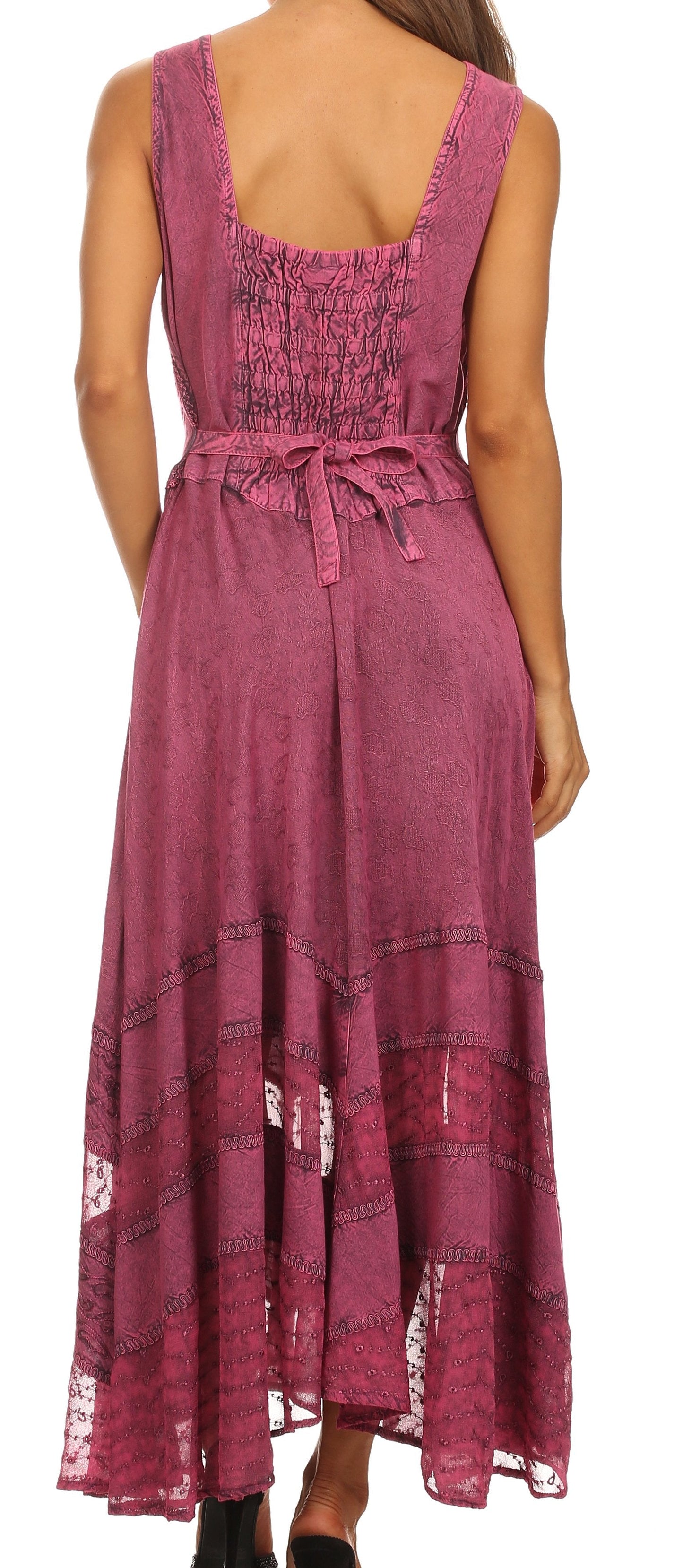 Sakkas Zendaya Stonewashed Rayon Embroidered Floral Vine Sleeveless V-neck Dress - Concordia Style Boutique