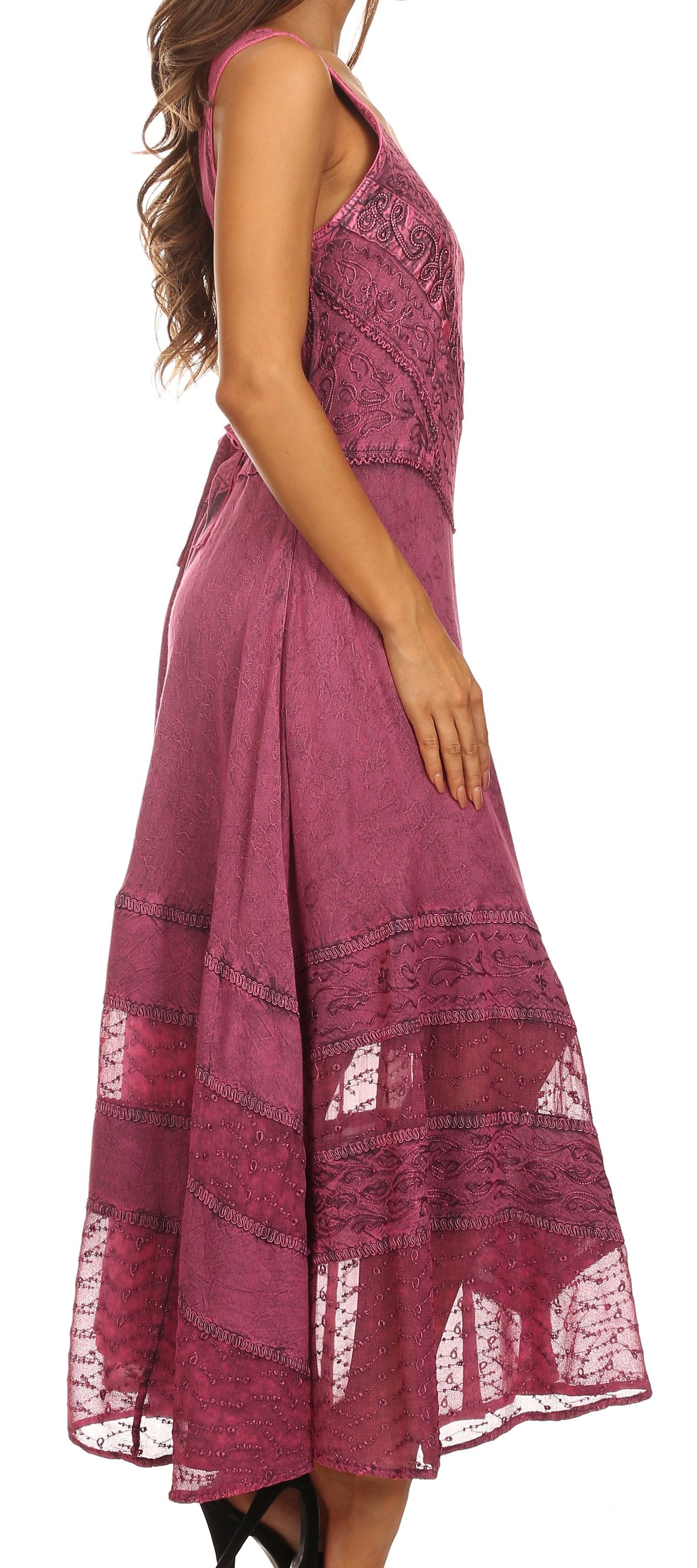 Sakkas Zendaya Stonewashed Rayon Embroidered Floral Vine Sleeveless V-neck Dress - Concordia Style Boutique