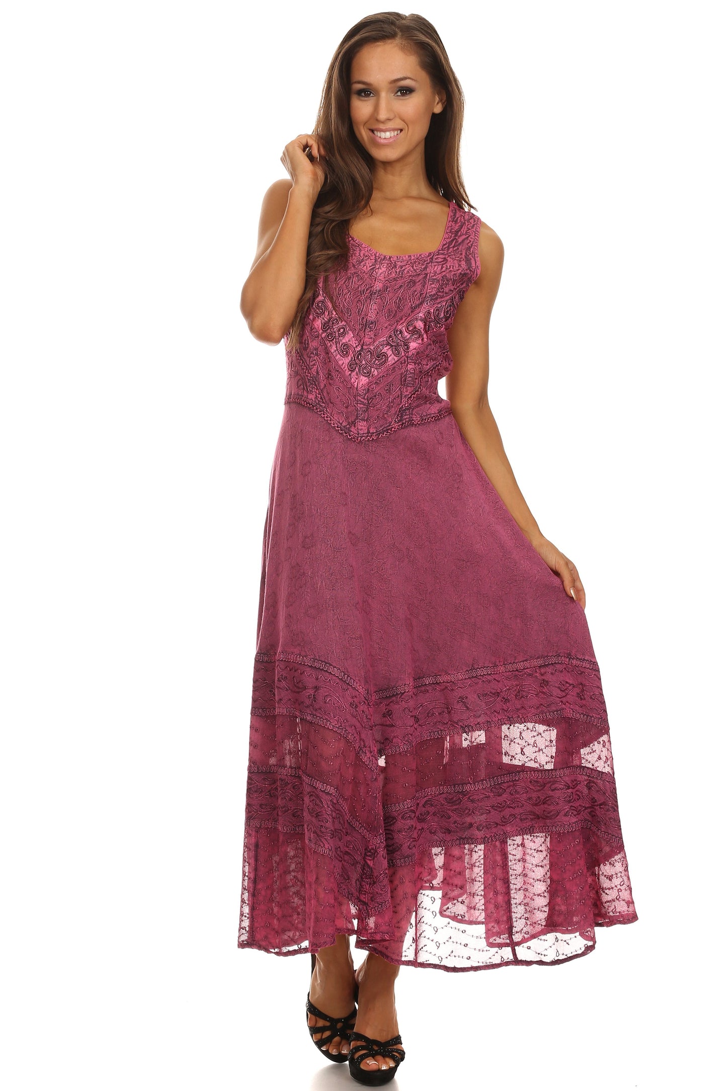 Sakkas Zendaya Stonewashed Rayon Embroidered Floral Vine Sleeveless V-neck Dress - Concordia Style Boutique