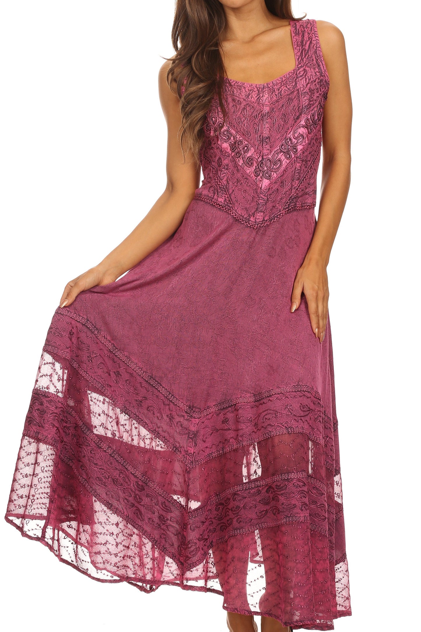 Sakkas Zendaya Stonewashed Rayon Embroidered Floral Vine Sleeveless V-neck Dress - Concordia Style Boutique