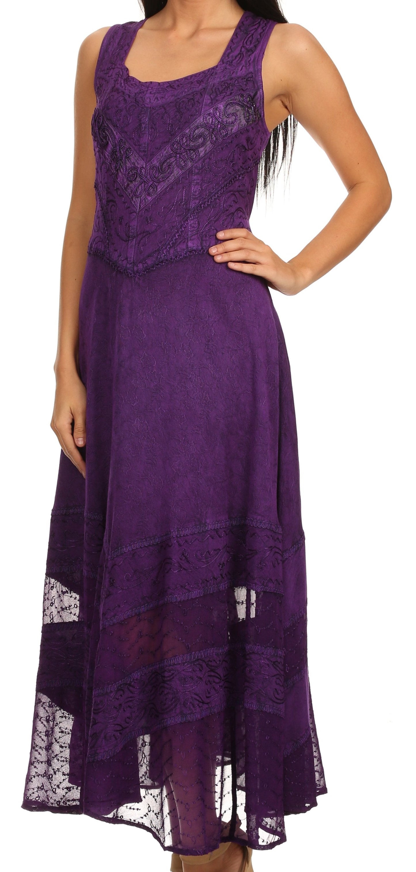 Sakkas Zendaya Stonewashed Rayon Embroidered Floral Vine Sleeveless V-neck Dress - Concordia Style Boutique