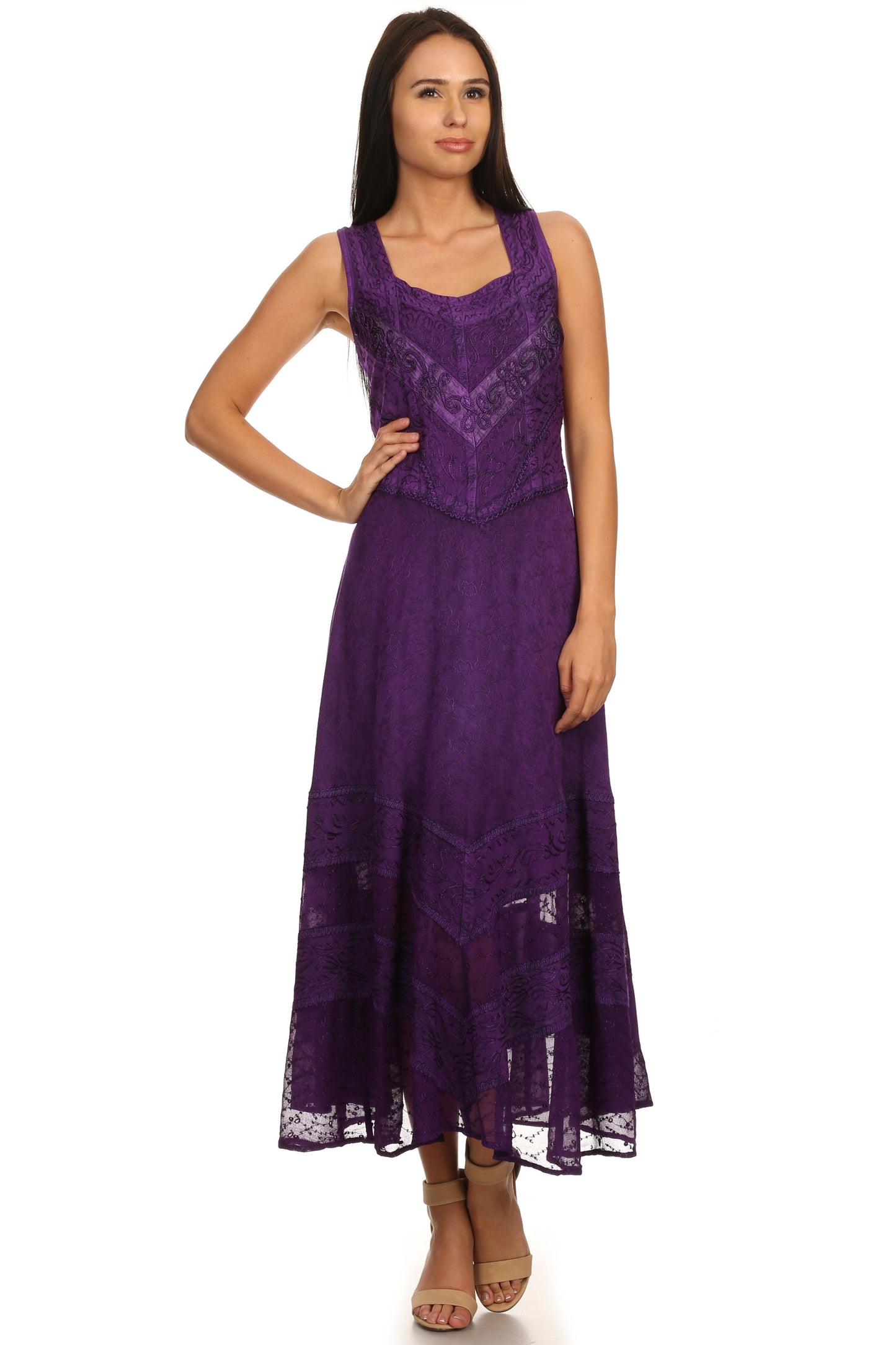 Sakkas Zendaya Stonewashed Rayon Embroidered Floral Vine Sleeveless V-neck Dress - Concordia Style Boutique
