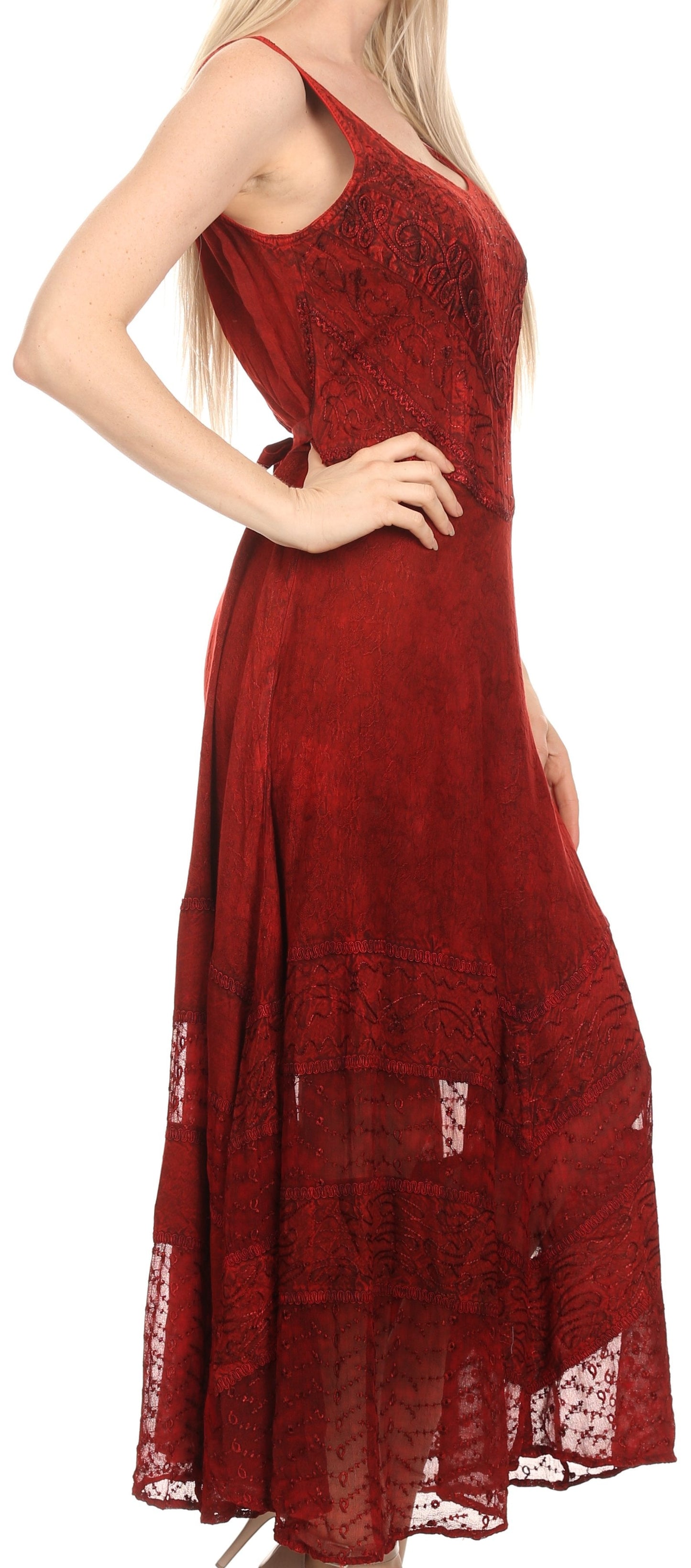 Sakkas Zendaya Stonewashed Rayon Embroidered Floral Vine Sleeveless V-neck Dress - Concordia Style Boutique