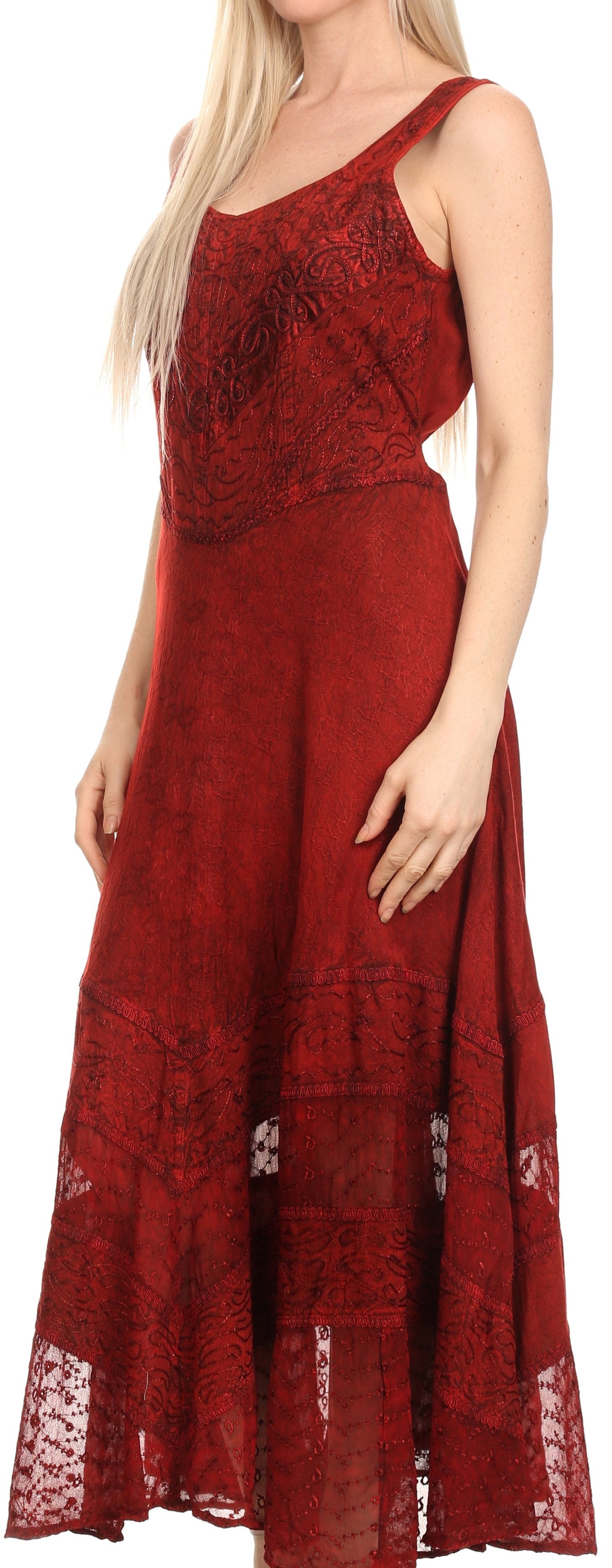 Sakkas Zendaya Stonewashed Rayon Embroidered Floral Vine Sleeveless V-neck Dress - Concordia Style Boutique