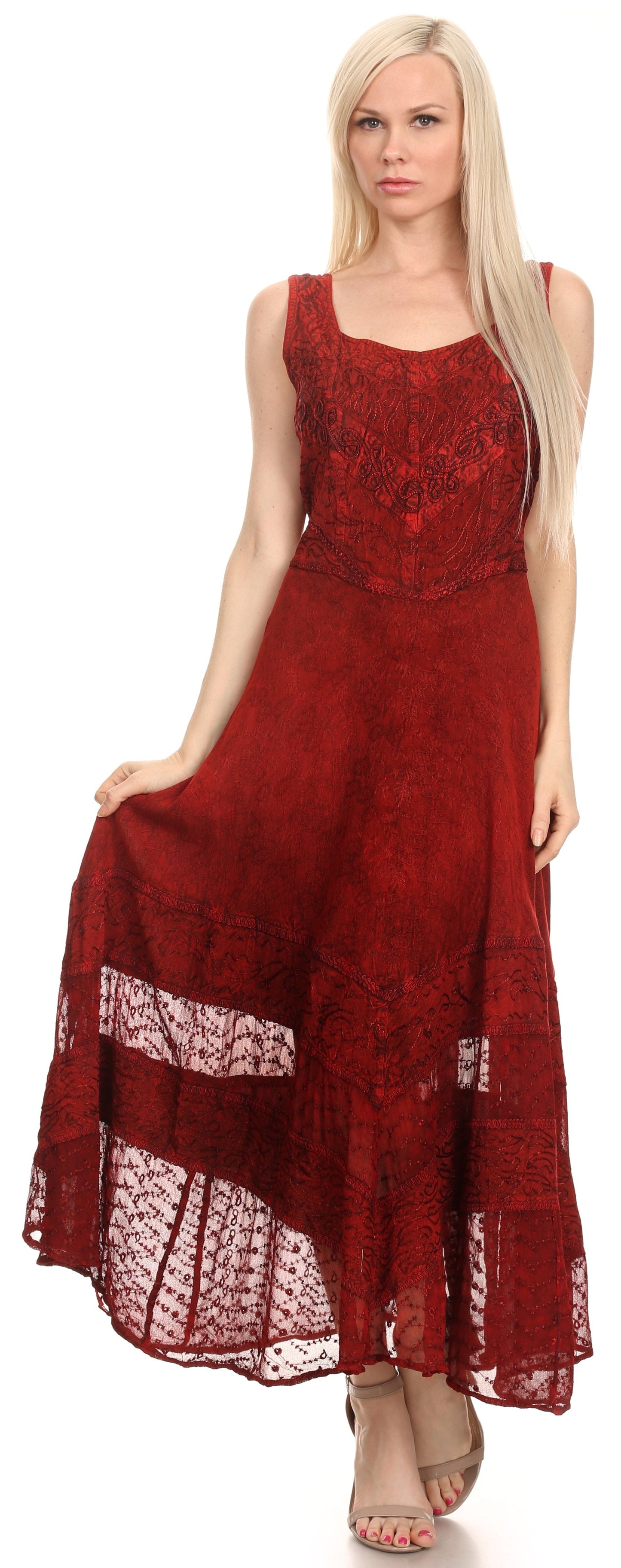 Sakkas Zendaya Stonewashed Rayon Embroidered Floral Vine Sleeveless V-neck Dress - Concordia Style Boutique
