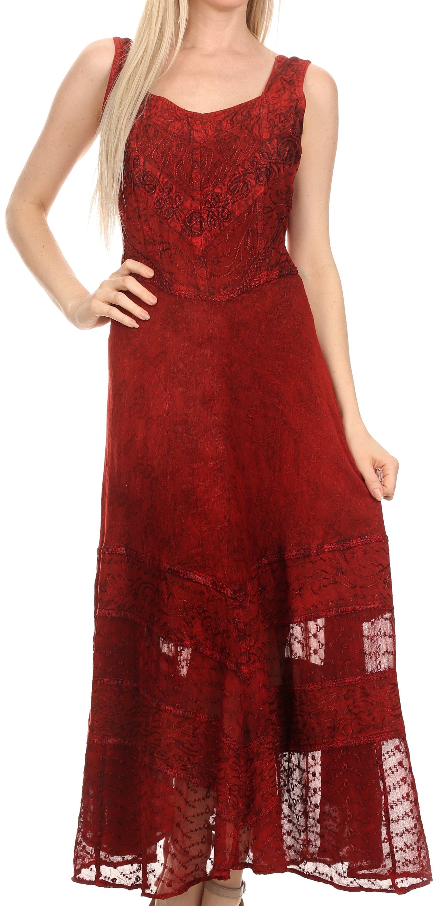 Sakkas Zendaya Stonewashed Rayon Embroidered Floral Vine Sleeveless V-neck Dress - Concordia Style Boutique