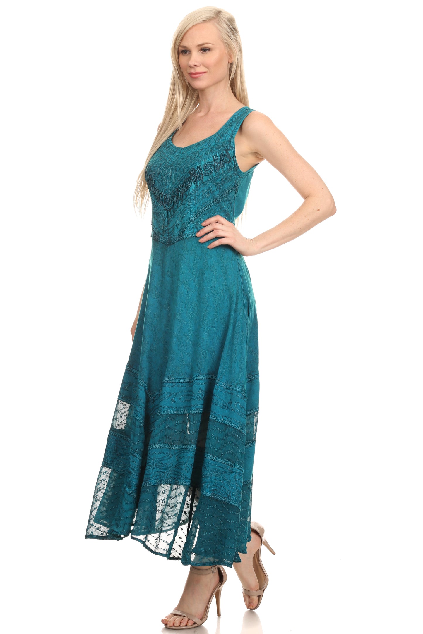 Sakkas Zendaya Stonewashed Rayon Embroidered Floral Vine Sleeveless V-neck Dress - Concordia Style Boutique