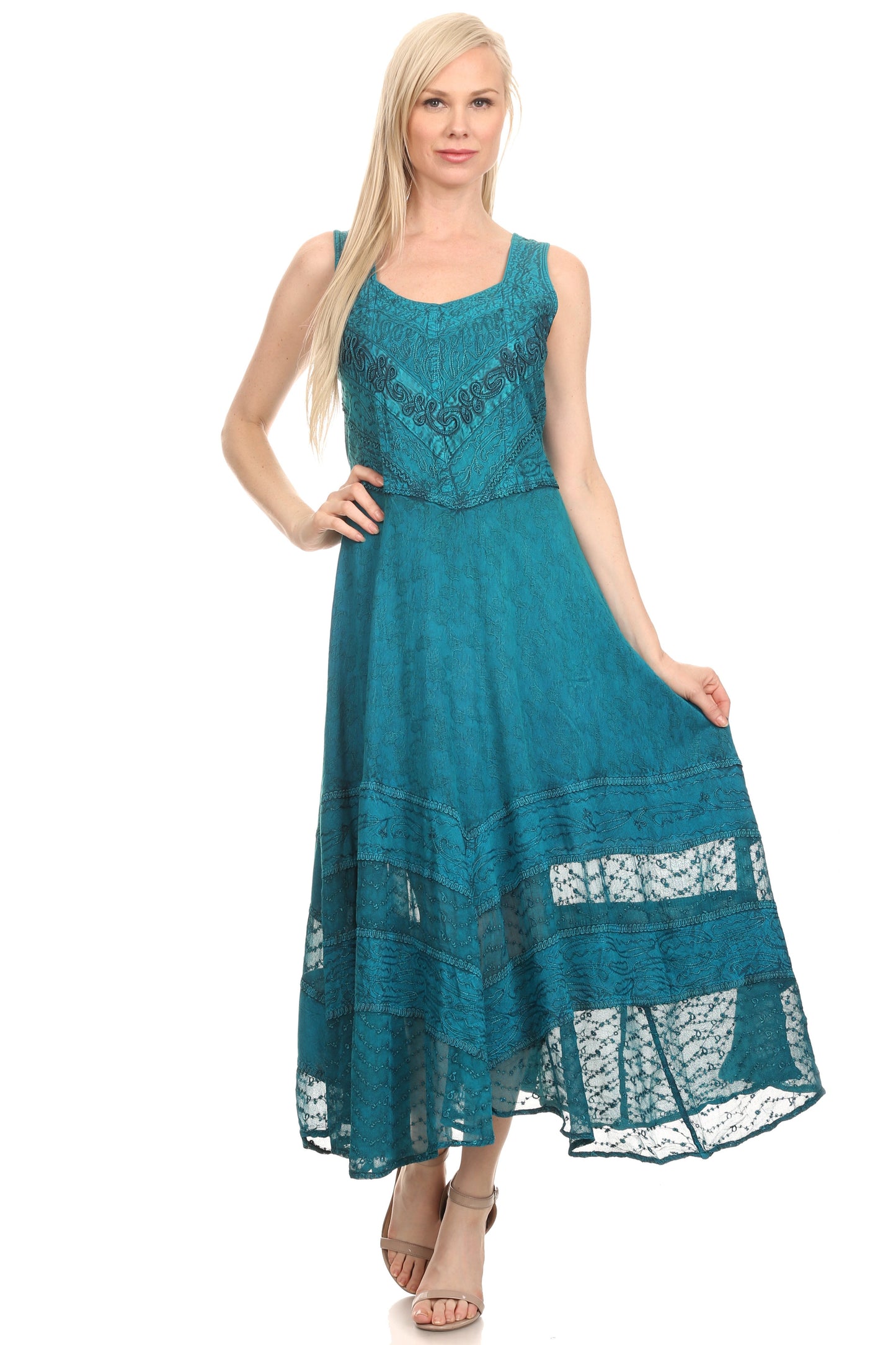 Sakkas Zendaya Stonewashed Rayon Embroidered Floral Vine Sleeveless V-neck Dress - Concordia Style Boutique