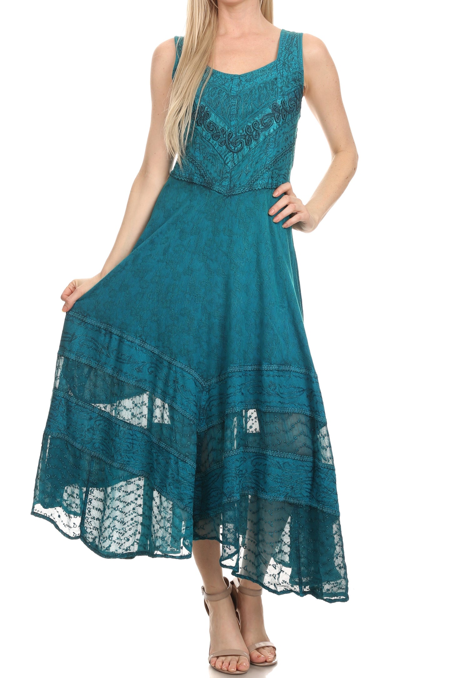 Sakkas Zendaya Stonewashed Rayon Embroidered Floral Vine Sleeveless V-neck Dress - Concordia Style Boutique