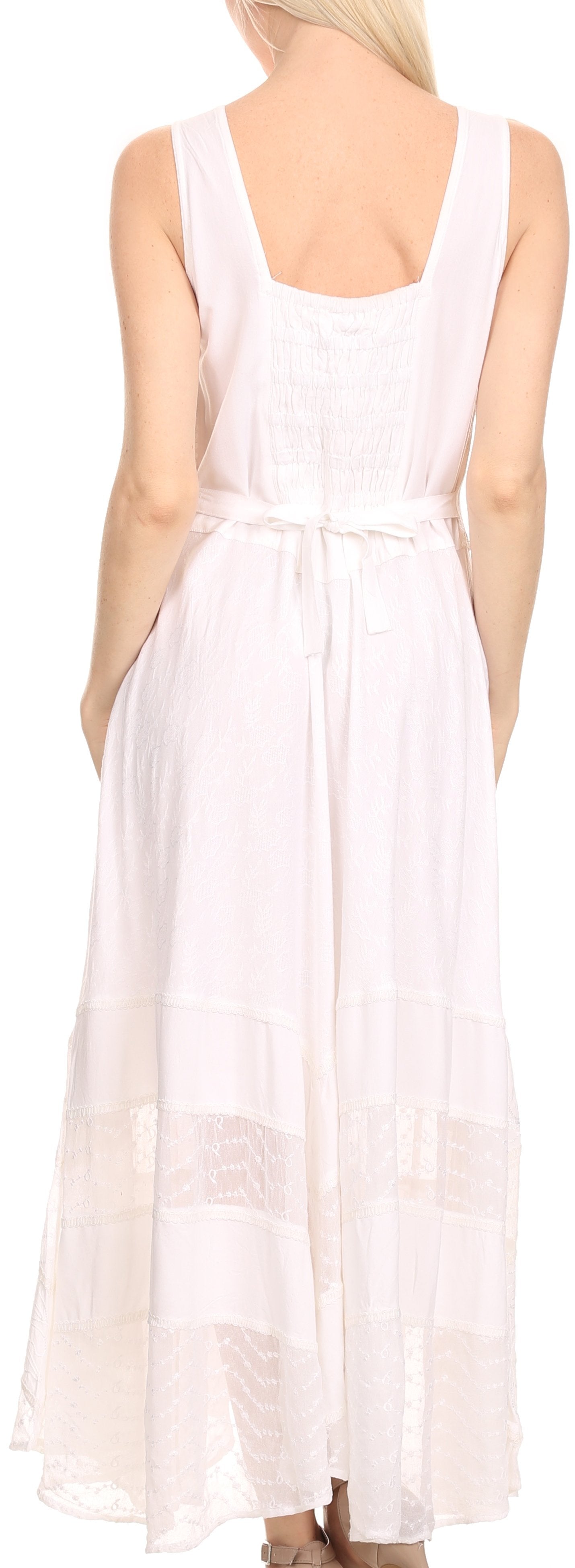 Sakkas Zendaya Stonewashed Rayon Embroidered Floral Vine Sleeveless V-neck Dress - Concordia Style Boutique