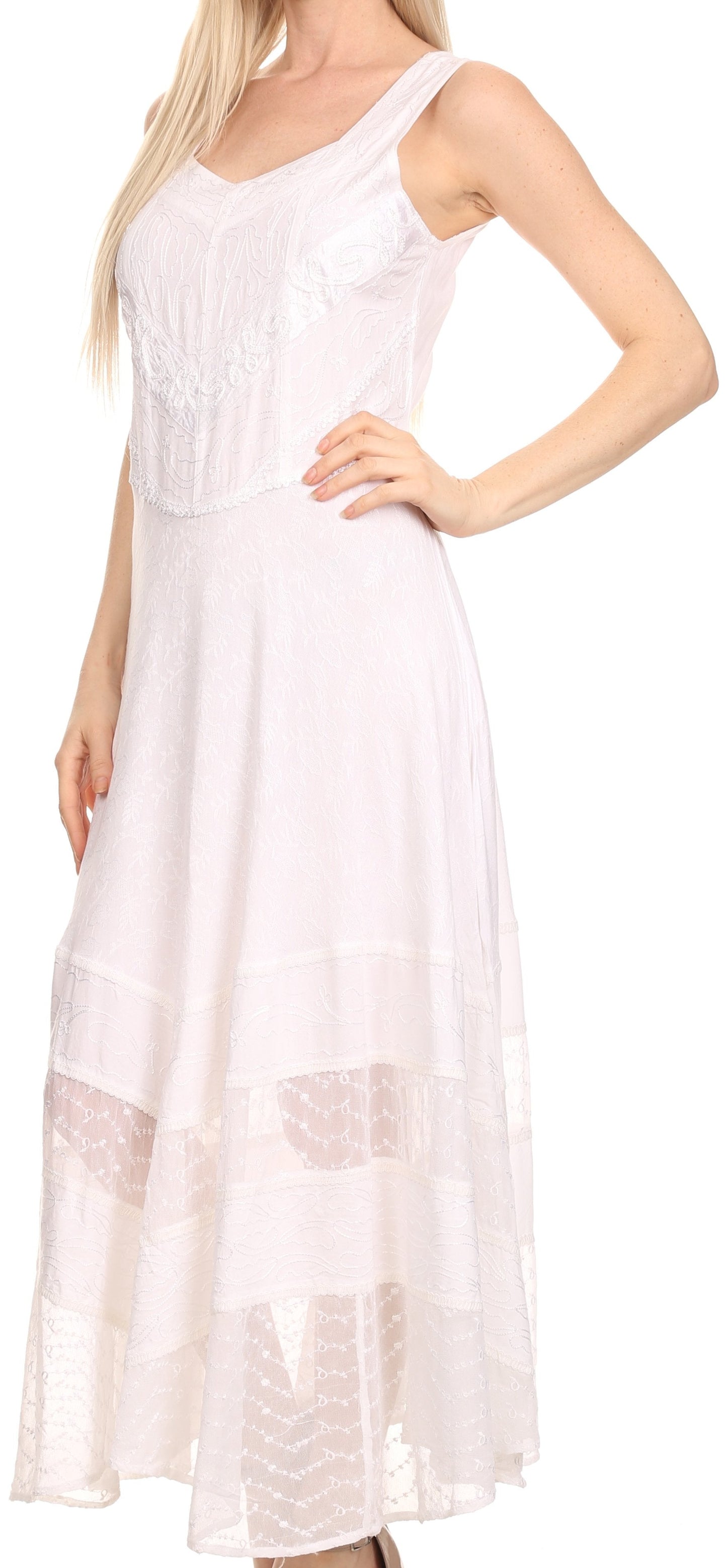 Sakkas Zendaya Stonewashed Rayon Embroidered Floral Vine Sleeveless V-neck Dress - Concordia Style Boutique