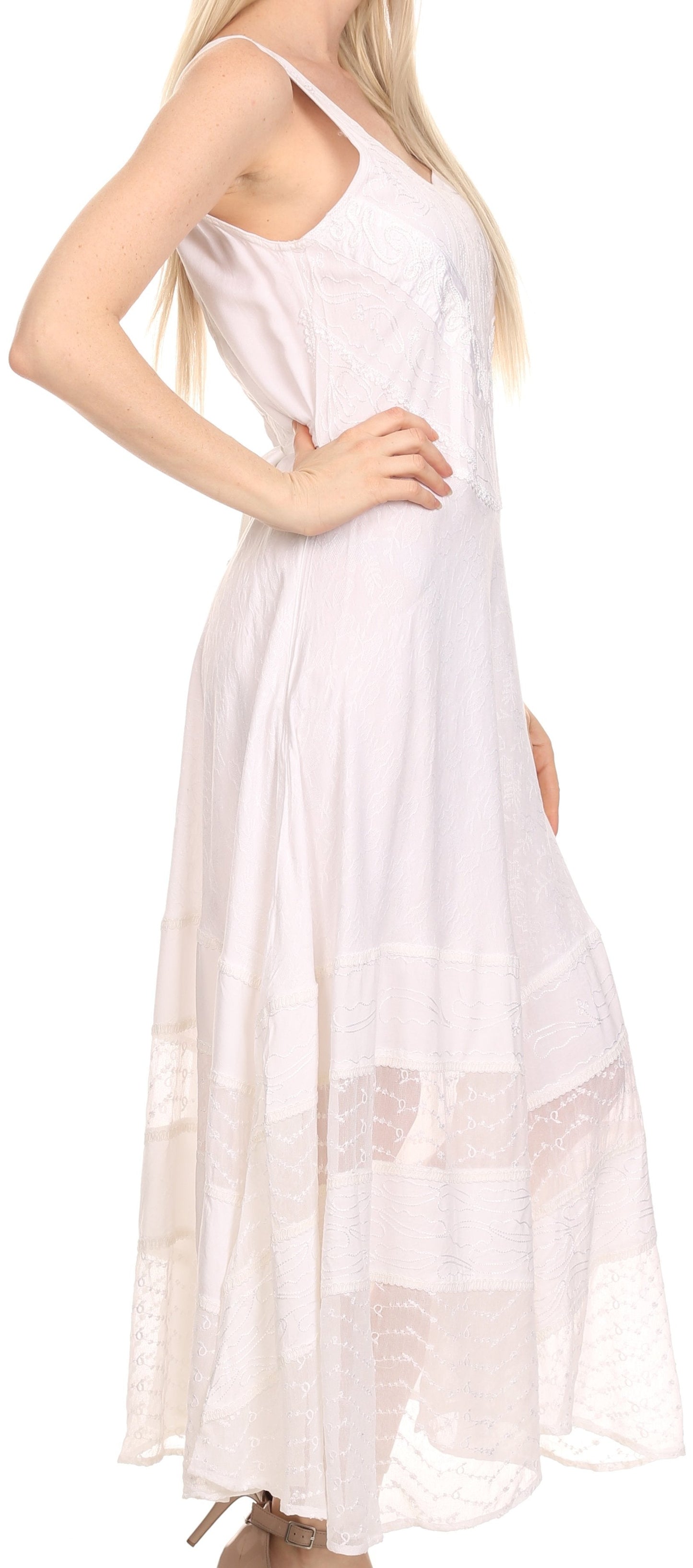 Sakkas Zendaya Stonewashed Rayon Embroidered Floral Vine Sleeveless V-neck Dress - Concordia Style Boutique