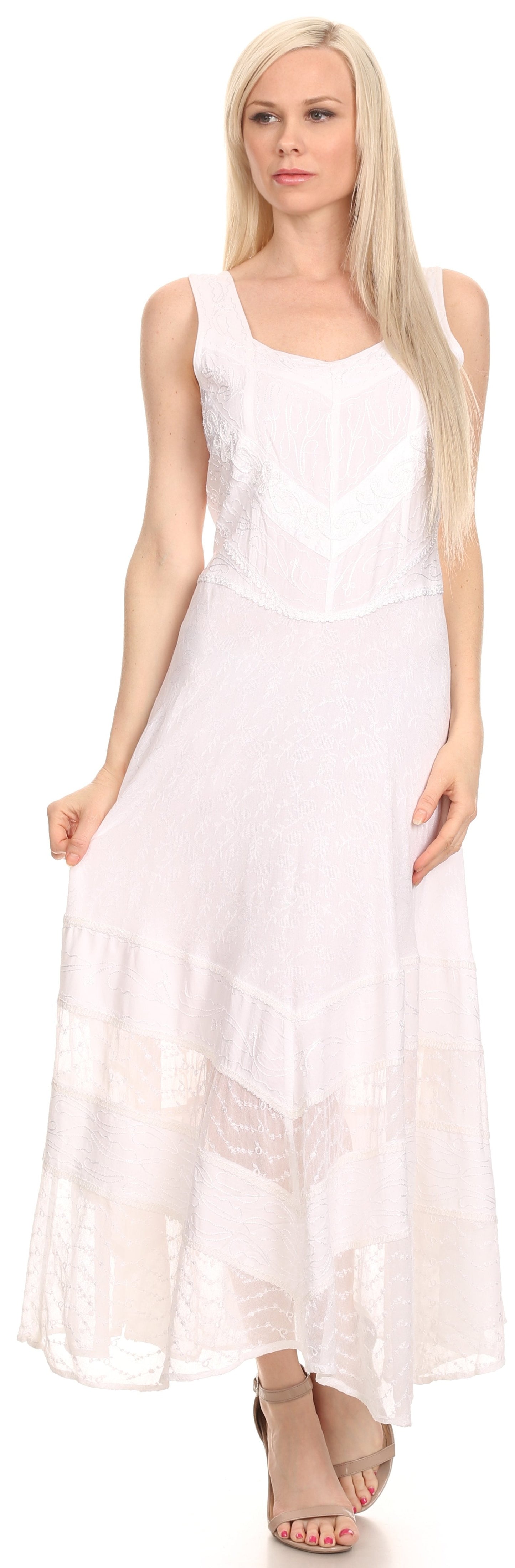 Sakkas Zendaya Stonewashed Rayon Embroidered Floral Vine Sleeveless V-neck Dress - Concordia Style Boutique