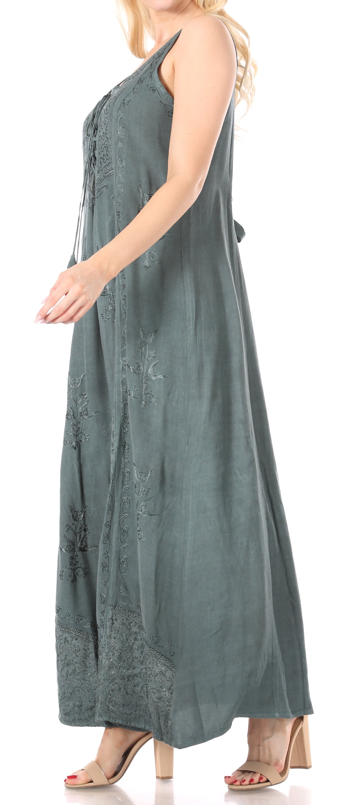 Sakkas Stella Long Tank Top Adjustable Caftan Corset Dress With Embroidery - Concordia Style Boutique