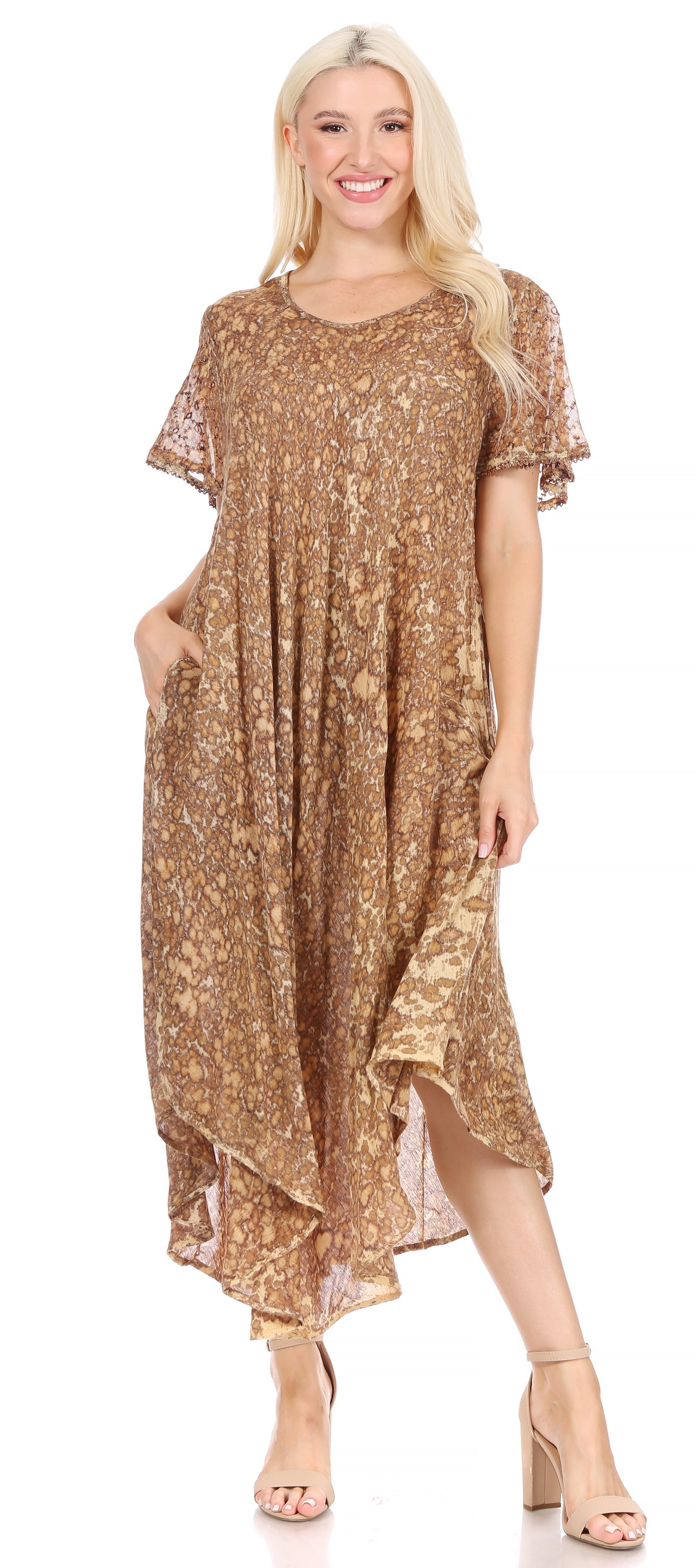 Sakkas Lila Freckled Dyed Cap Sleeve Scoopneck Long Caftan Dress / Cover Up - Concordia Style Boutique