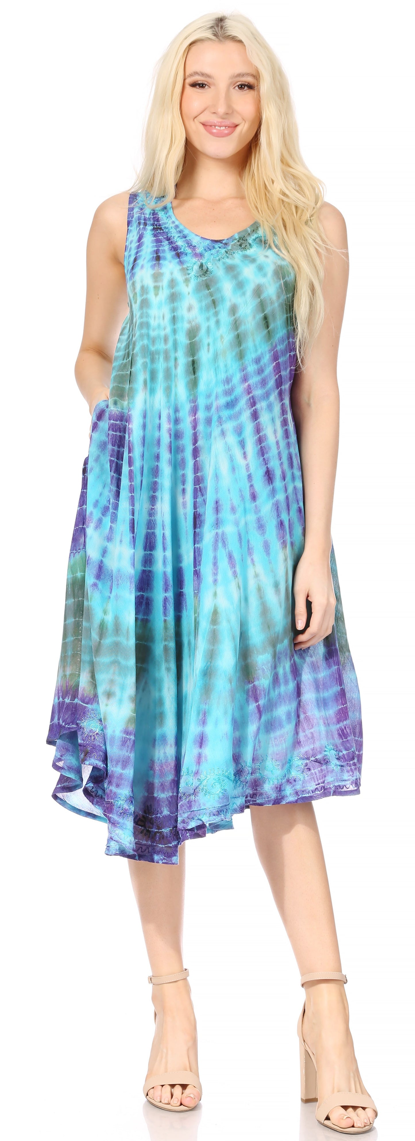 Sakkas Nora Sleeveless Embroidered Short Tie Dye Caftan Dress / Cover Up - Concordia Style Boutique
