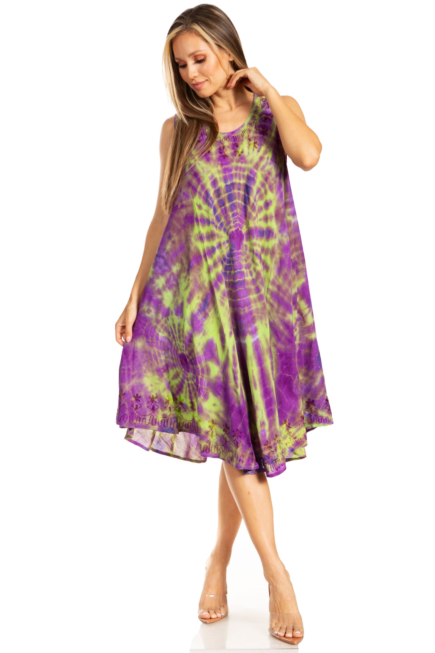 Sakkas Nora Sleeveless Embroidered Short Tie Dye Caftan Dress / Cover Up - Concordia Style Boutique
