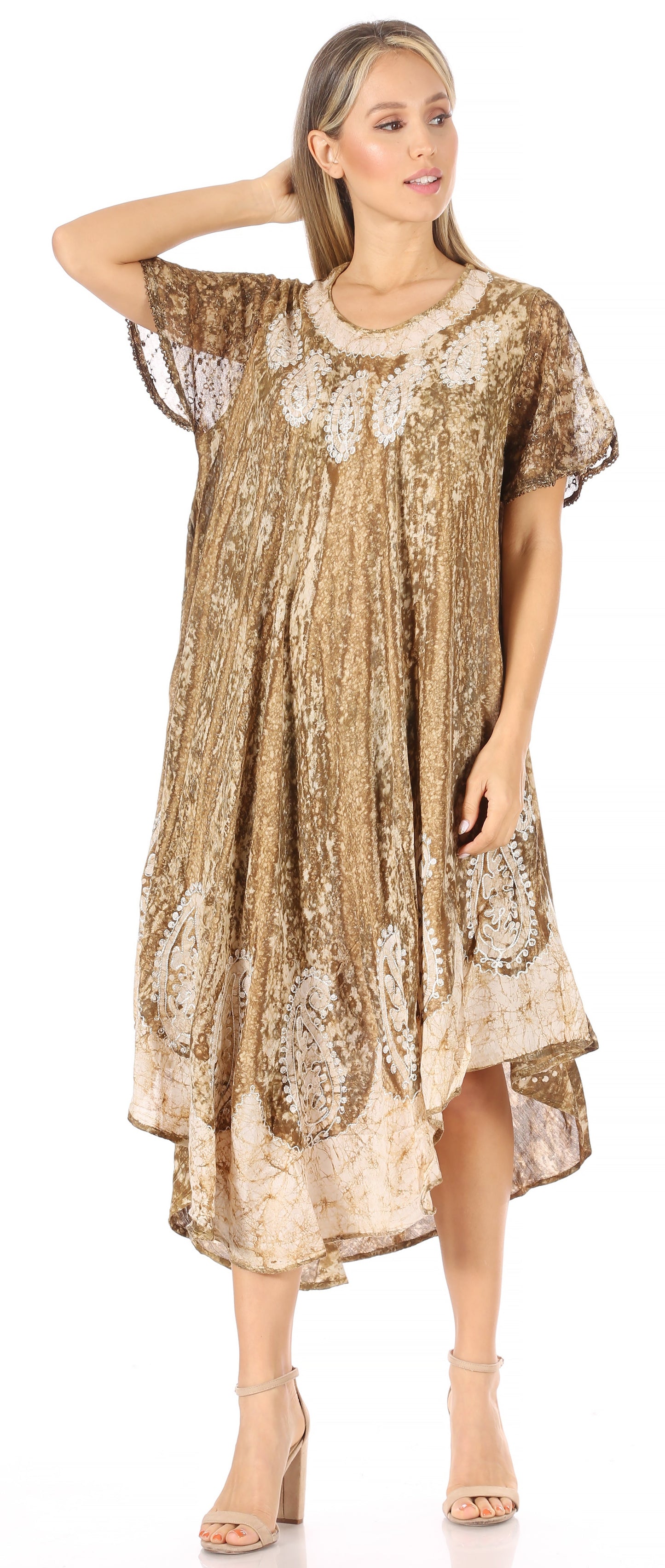 Sakkas Bree Long Embroidered Cap Sleeve Marbled Dress - Concordia Style Boutique