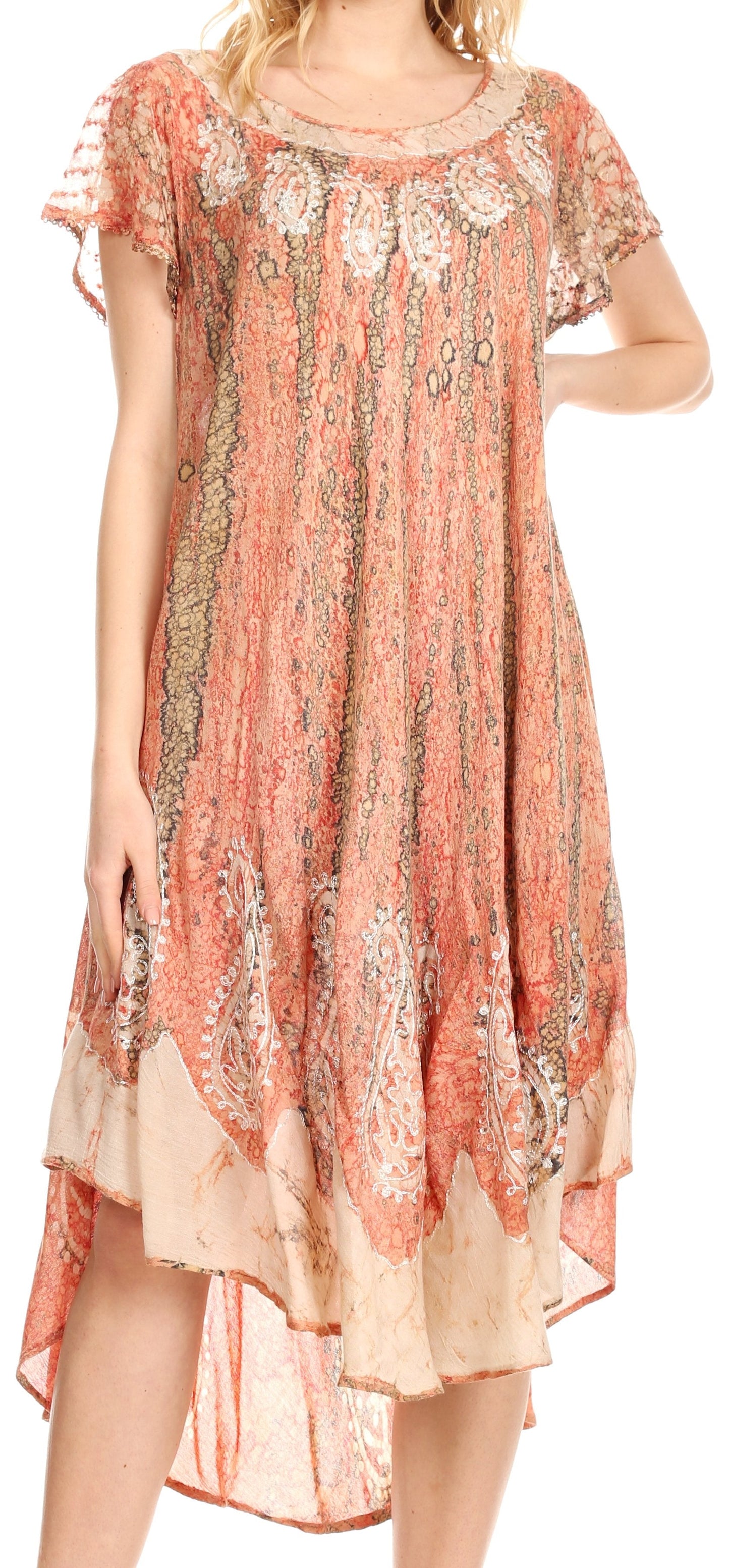 Sakkas Bree Long Embroidered Cap Sleeve Marbled Dress - Concordia Style Boutique