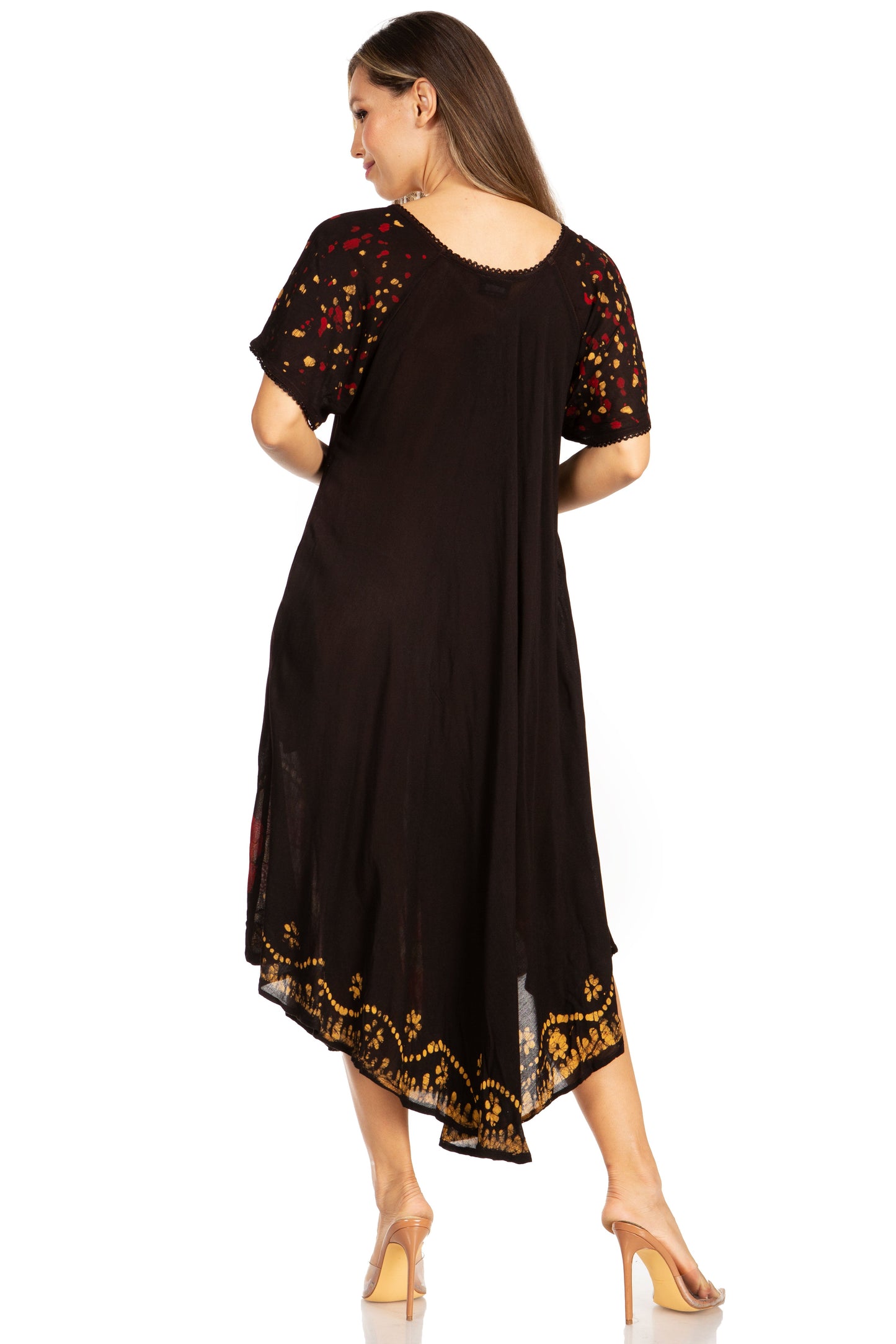 Sakkas Elisha Mid Length Batik Caftan Embroidered Cap Sleeves Floral Pattern - Concordia Style Boutique