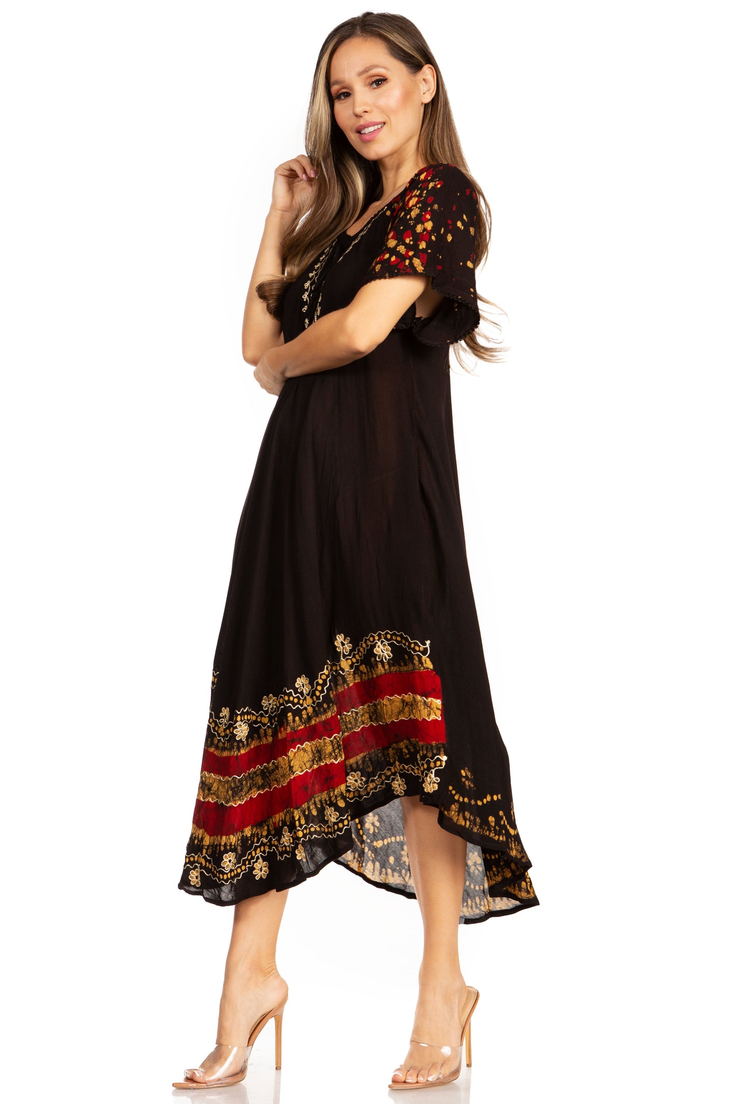 Sakkas Elisha Mid Length Batik Caftan Embroidered Cap Sleeves Floral Pattern - Concordia Style Boutique