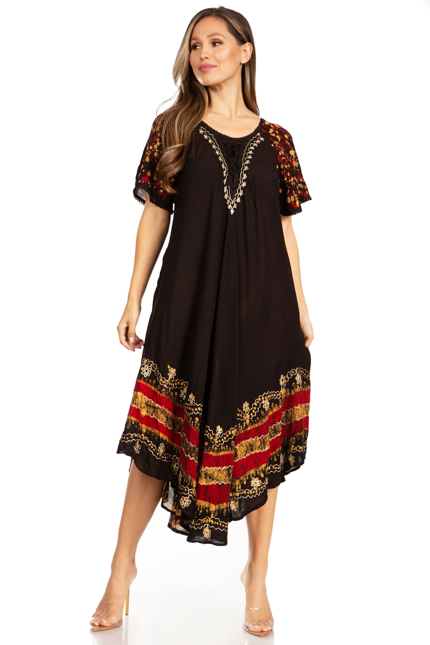 Sakkas Elisha Mid Length Batik Caftan Embroidered Cap Sleeves Floral Pattern - Concordia Style Boutique