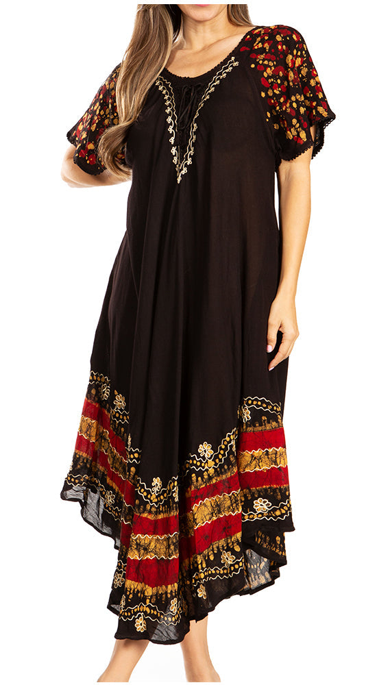 Sakkas Elisha Mid Length Batik Caftan Embroidered Cap Sleeves Floral Pattern - Concordia Style Boutique