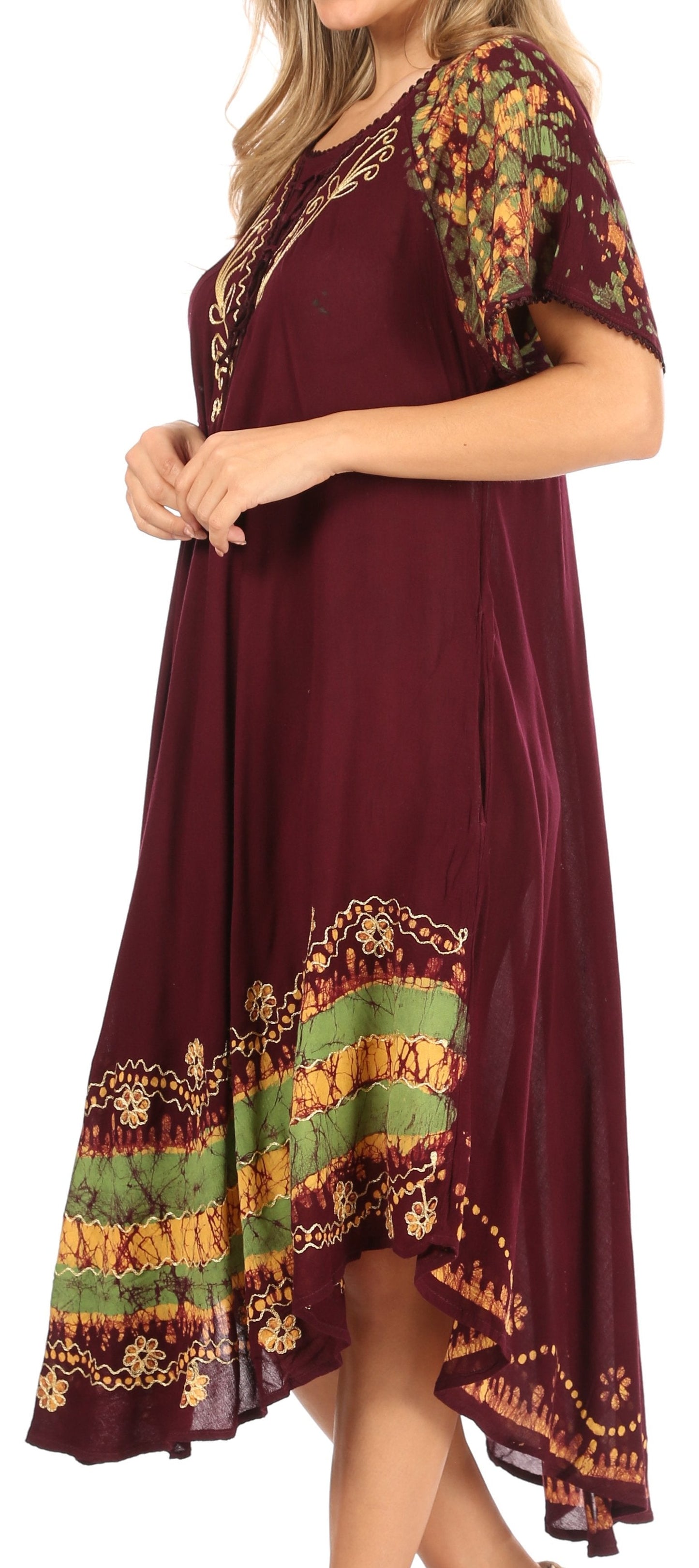 Sakkas Elisha Mid Length Batik Caftan Embroidered Cap Sleeves Floral Pattern - Concordia Style Boutique