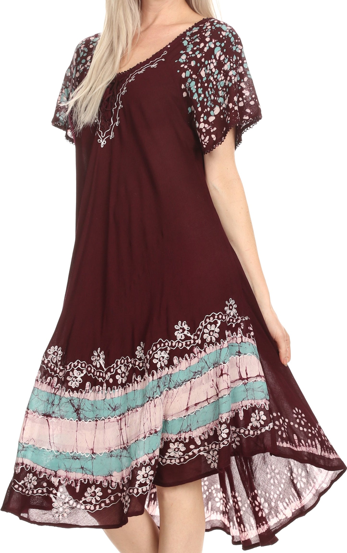 Sakkas Elisha Mid Length Batik Caftan Embroidered Cap Sleeves Floral Pattern - Concordia Style Boutique