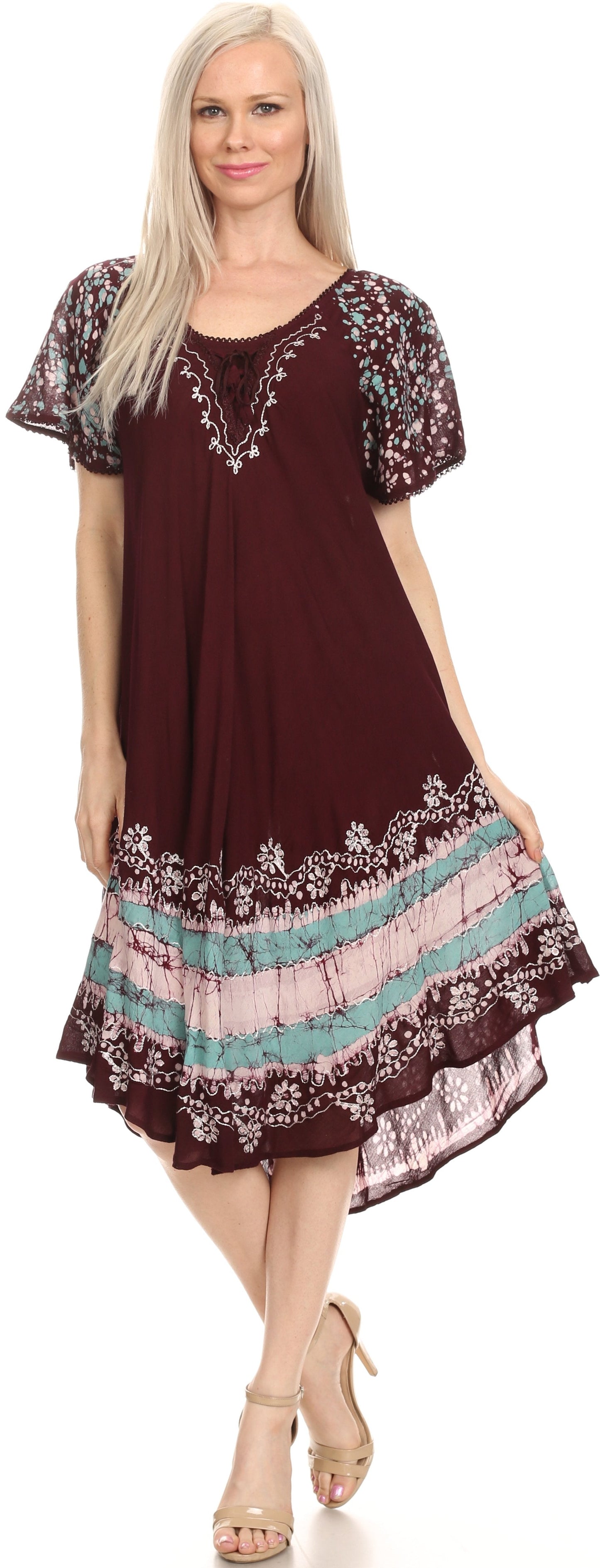 Sakkas Elisha Mid Length Batik Caftan Embroidered Cap Sleeves Floral Pattern - Concordia Style Boutique