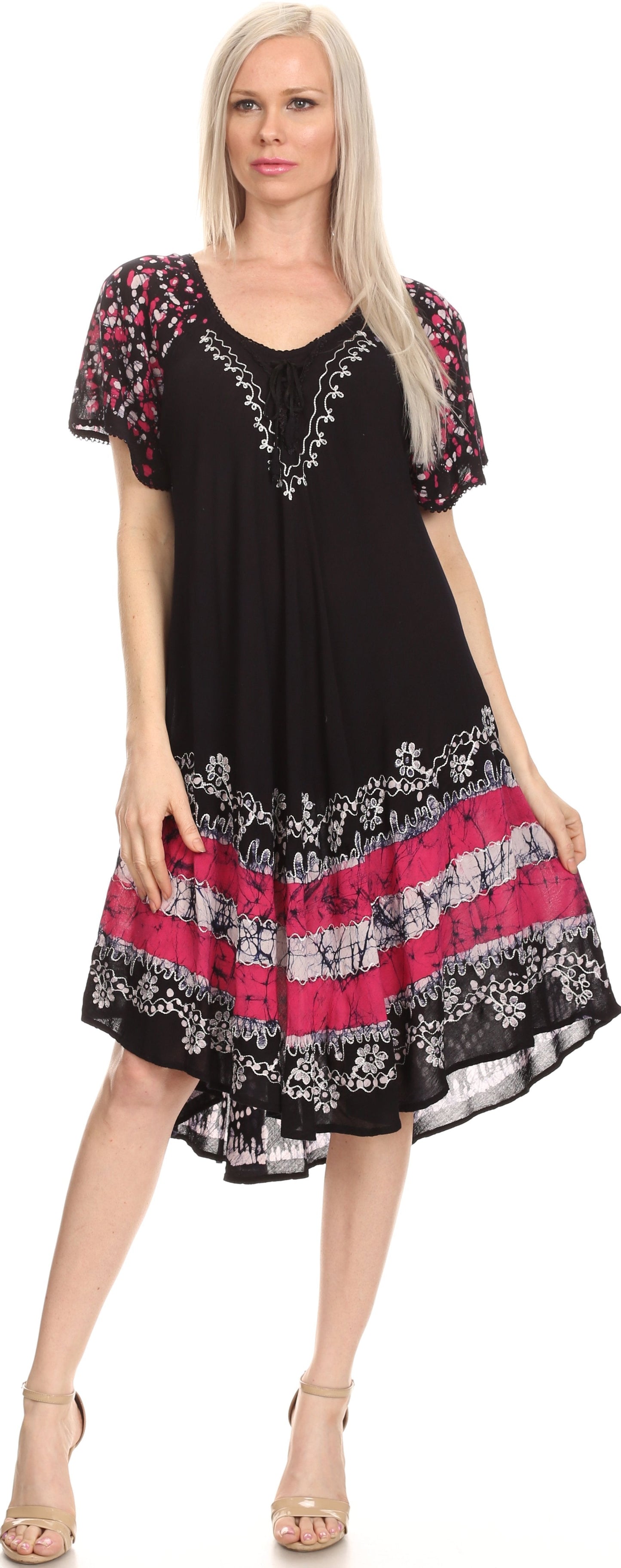 Sakkas Elisha Mid Length Batik Caftan Embroidered Cap Sleeves Floral Pattern - Concordia Style Boutique