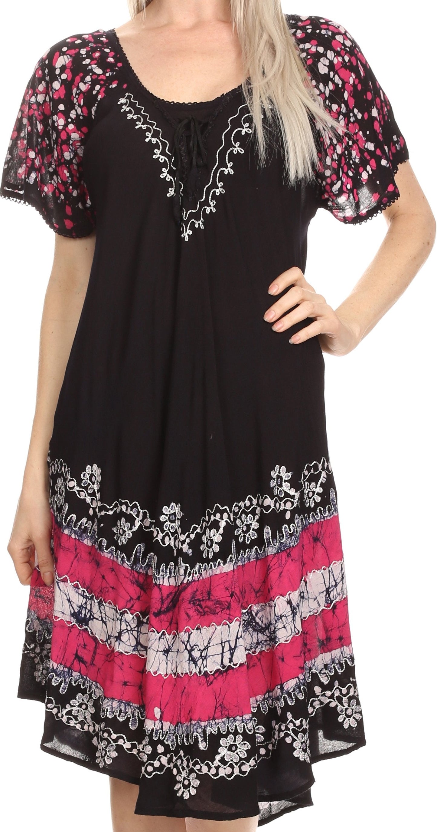 Sakkas Elisha Mid Length Batik Caftan Embroidered Cap Sleeves Floral Pattern - Concordia Style Boutique