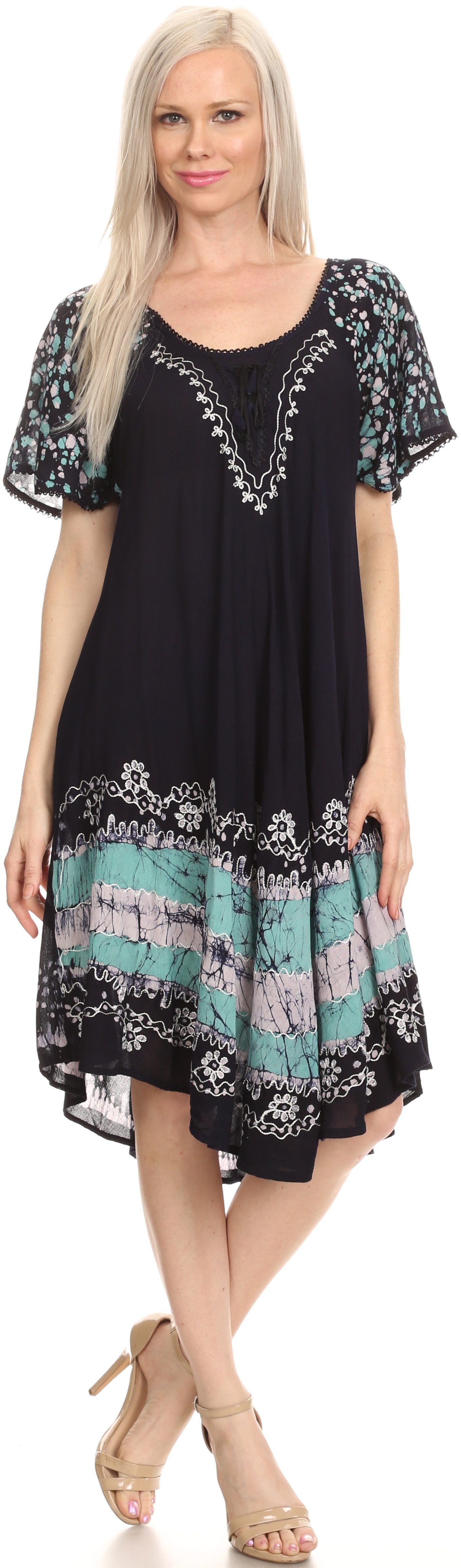 Sakkas Elisha Mid Length Batik Caftan Embroidered Cap Sleeves Floral Pattern - Concordia Style Boutique