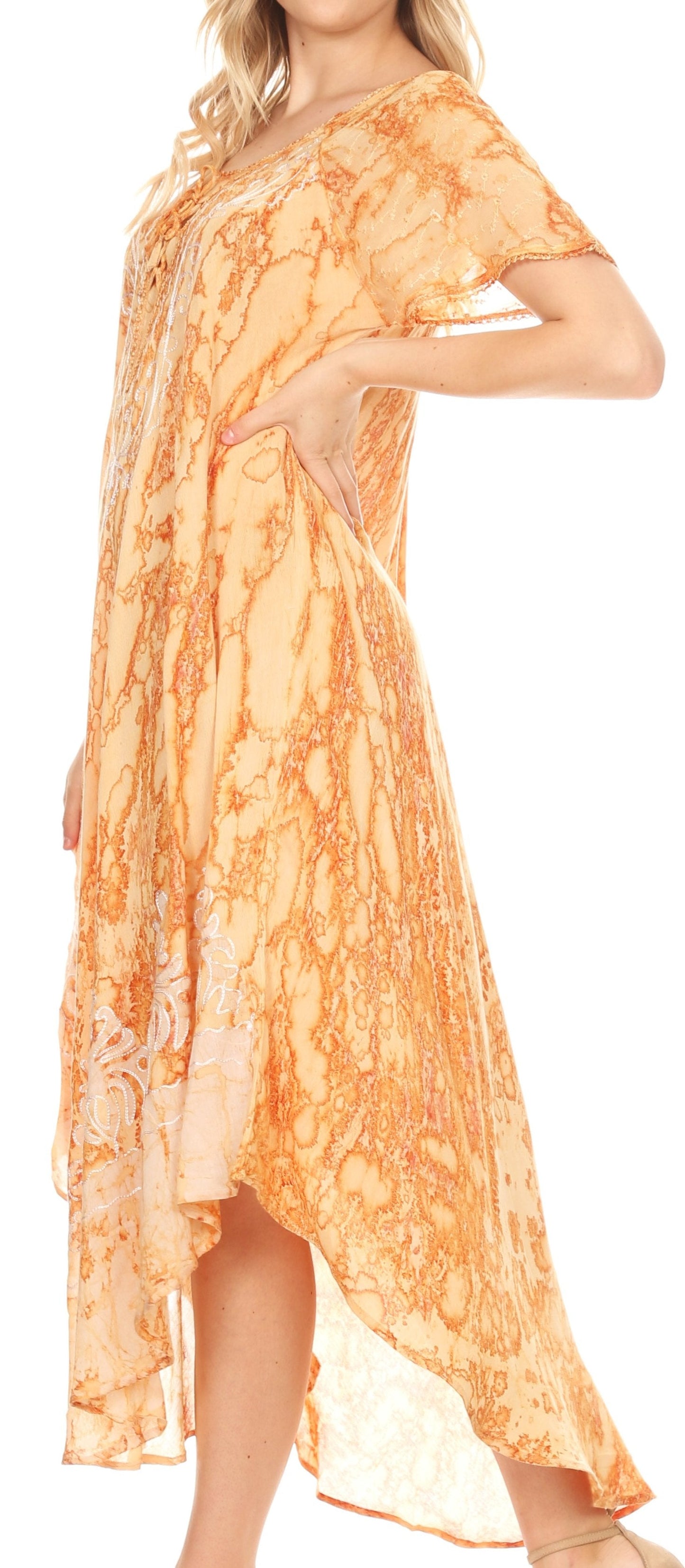 Sakkas Ronny Lace Embroidered Cap Sleeve Tie Dye Wash Caftan Dress / Cover Up - Concordia Style Boutique