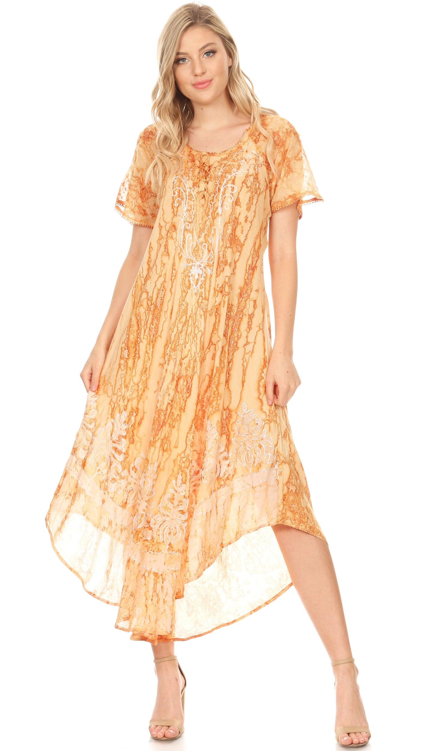 Sakkas Ronny Lace Embroidered Cap Sleeve Tie Dye Wash Caftan Dress / Cover Up - Concordia Style Boutique