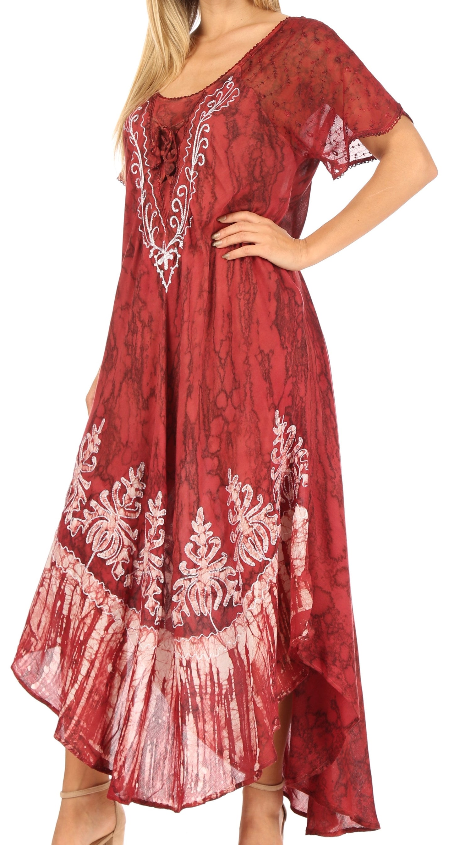 Sakkas Ronny Lace Embroidered Cap Sleeve Tie Dye Wash Caftan Dress / Cover Up - Concordia Style Boutique