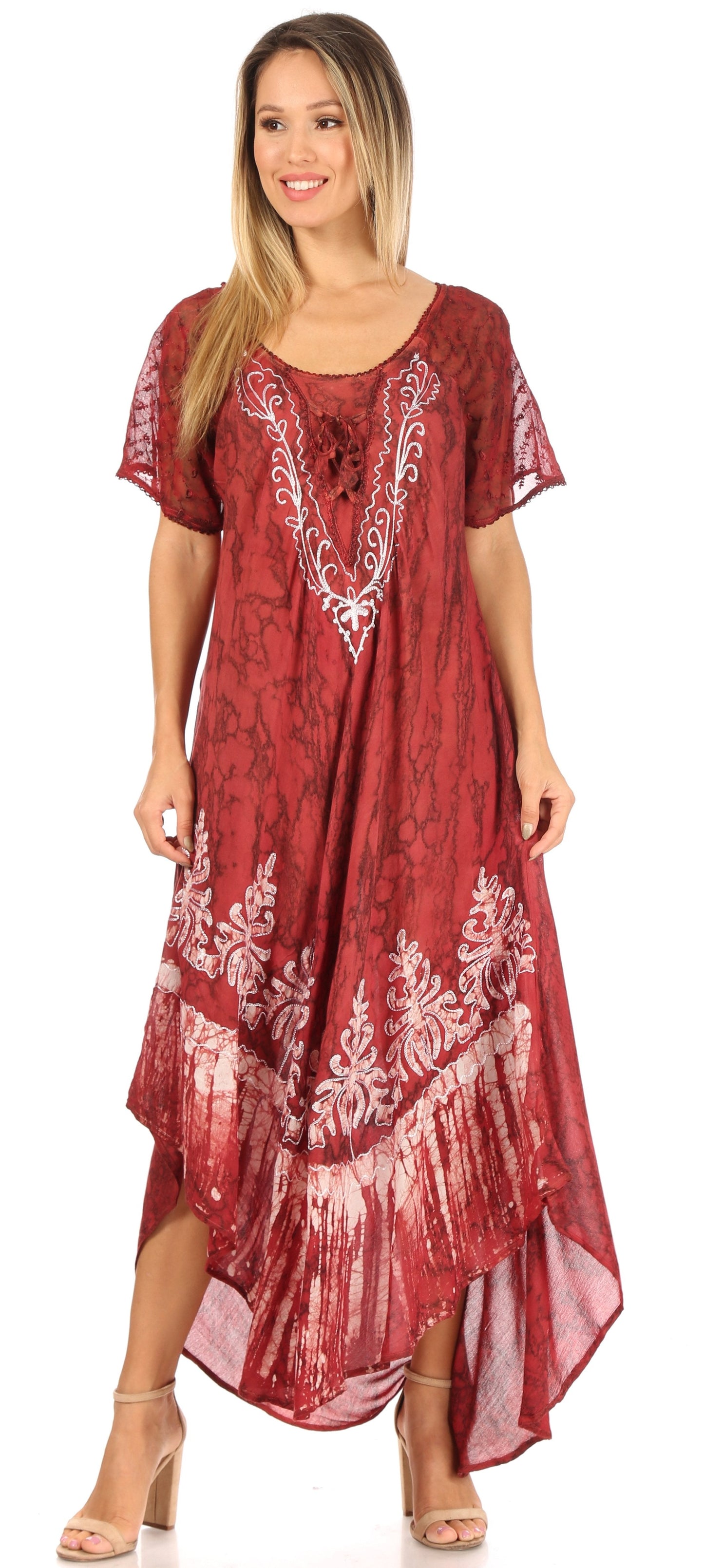 Sakkas Ronny Lace Embroidered Cap Sleeve Tie Dye Wash Caftan Dress / Cover Up - Concordia Style Boutique
