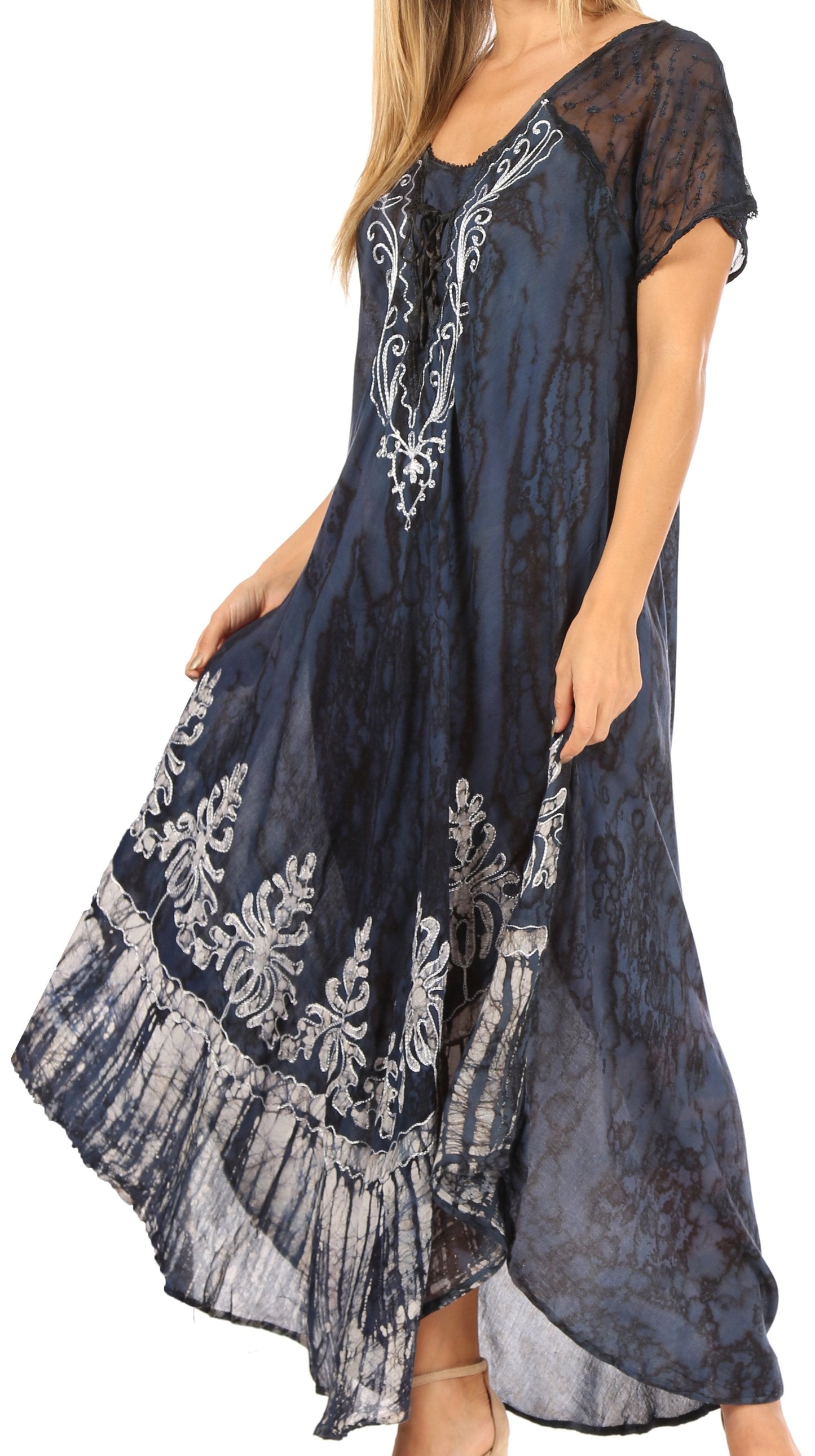 Sakkas Ronny Lace Embroidered Cap Sleeve Tie Dye Wash Caftan Dress / Cover Up - Concordia Style Boutique